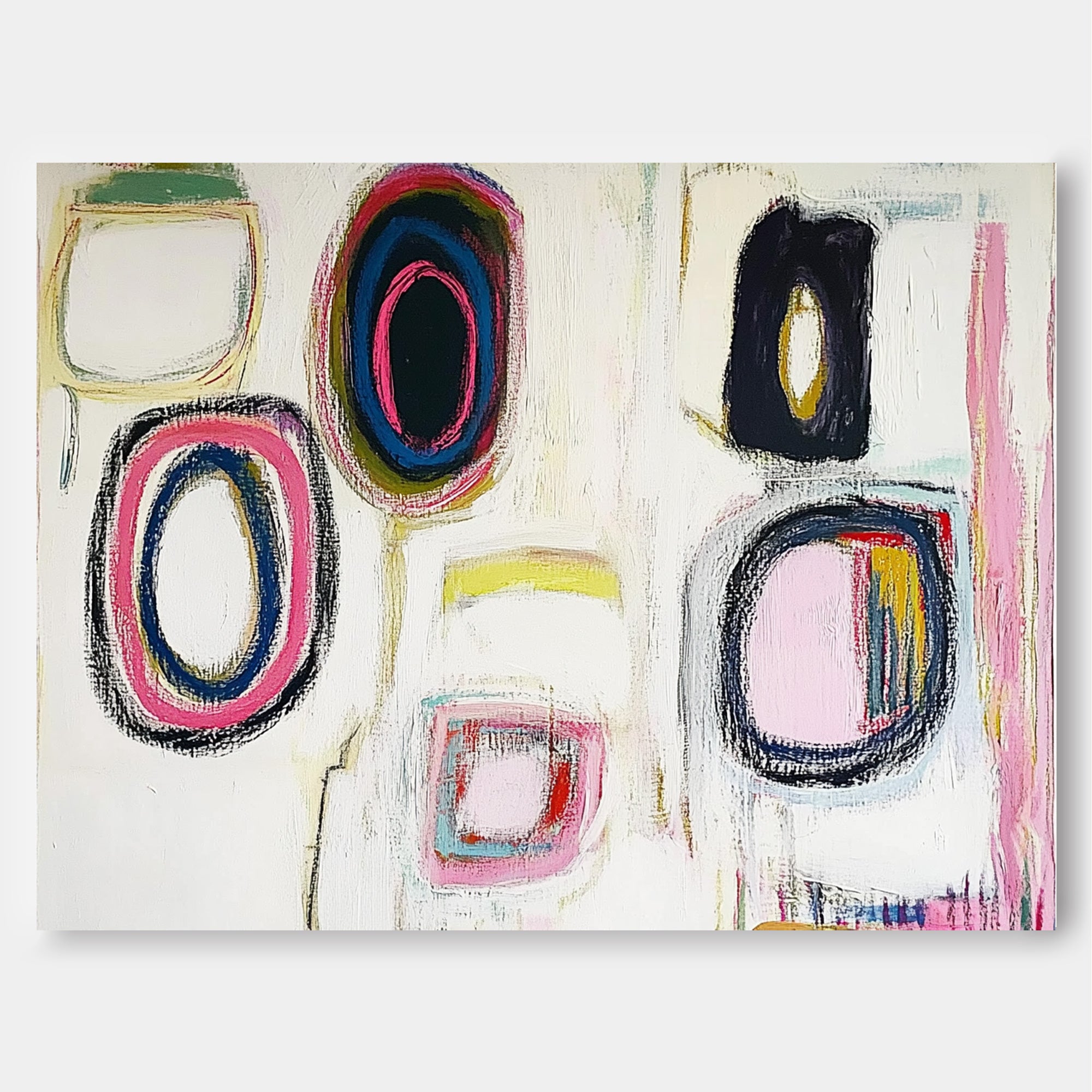 White Abstract Handmade Oil Painting Modern Colorful Artwork Original Irregular Geometric Circles Wall Art