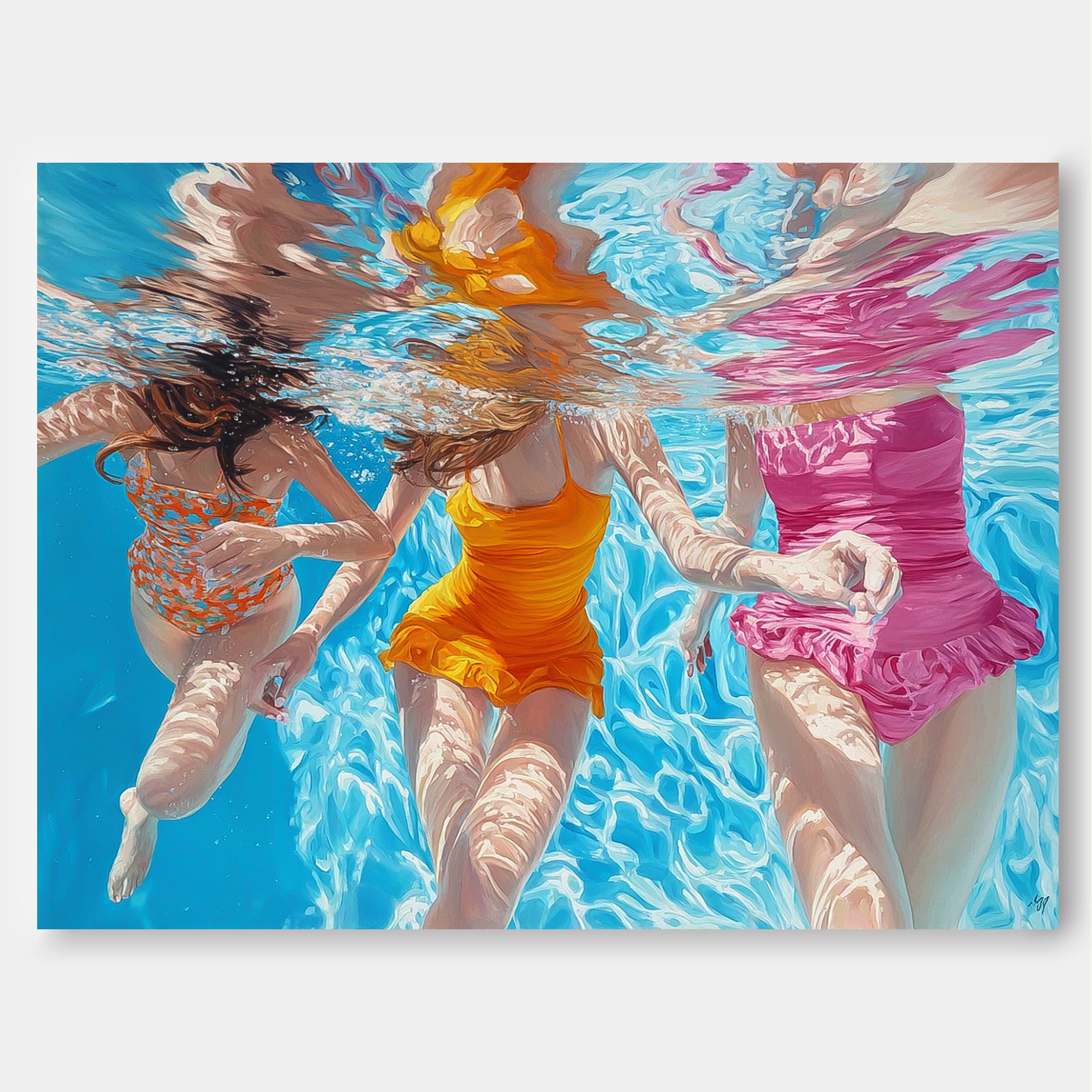 Diving In Ocean Sensual Woman Swimming Wall Art Original Girl Diving Oil Painting Abstract Colorful Artwork