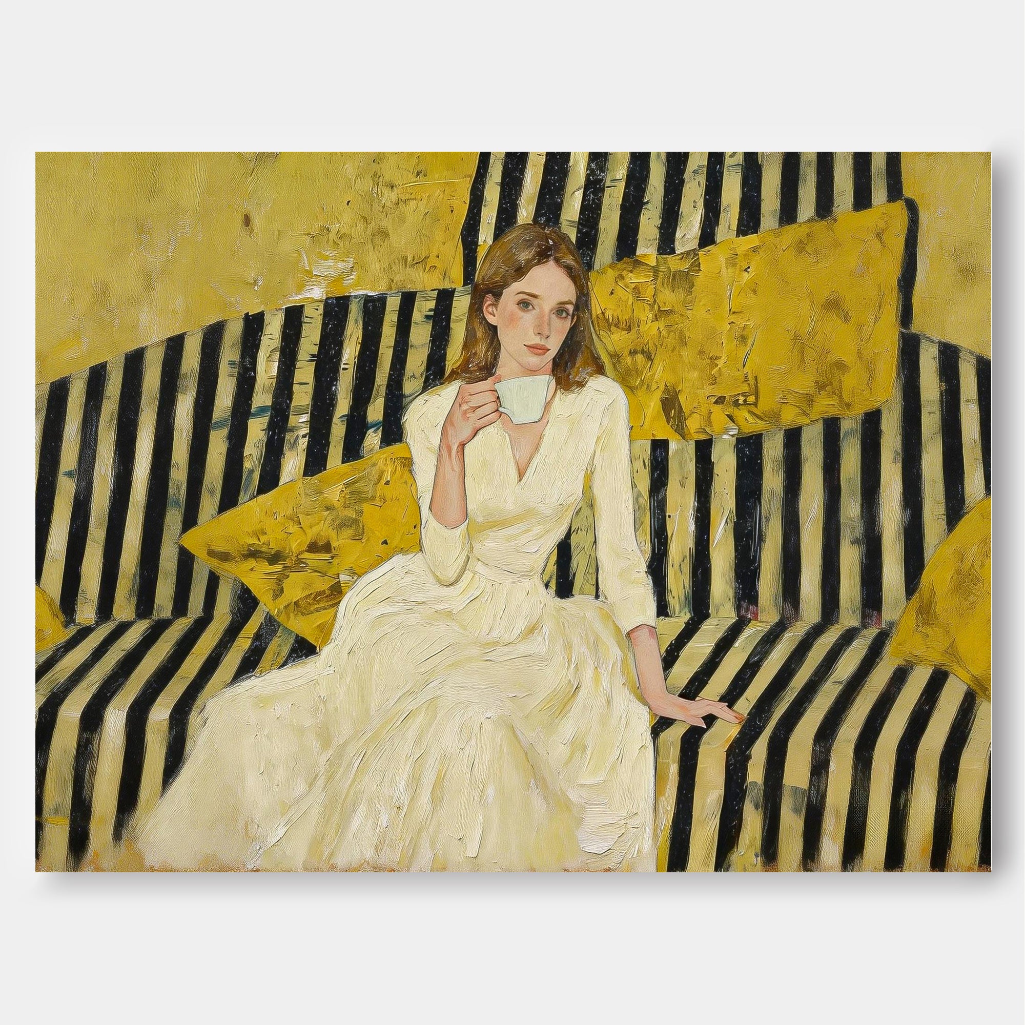 Modern Impasto Figurative Painting Minimalist Yellow & Black Striped Art Sophisticated Female Portrait For Home