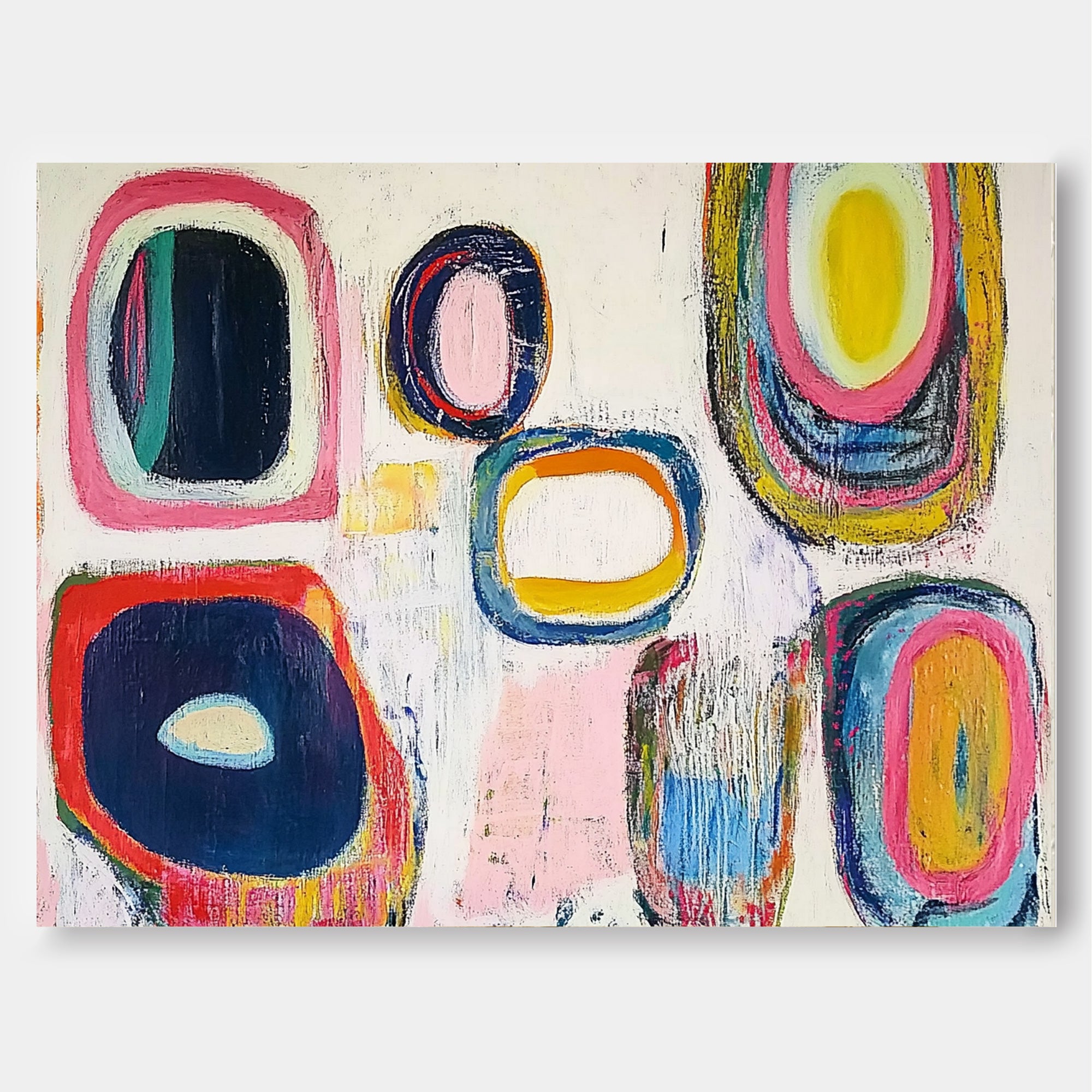 White Abstract Oil Painting Modern Colorful Handmade Artwork Original Irregular Geometric Circles Wall Art