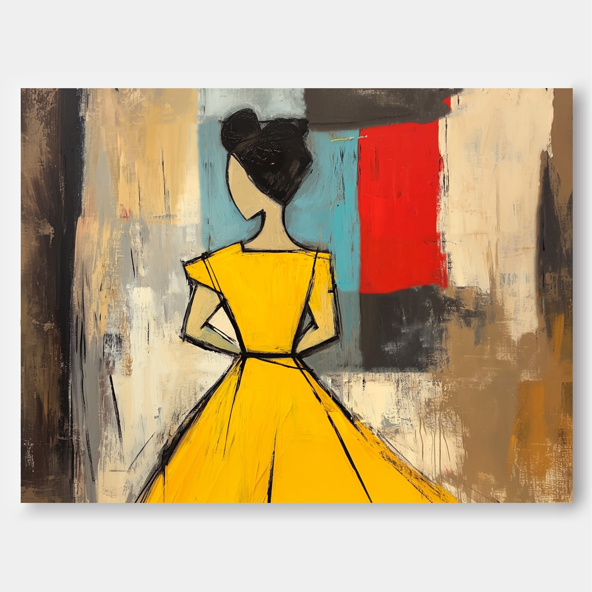 Contemporary Horizontal Wall Art Modern Minimal Abstract Lady Oil Painting Yellow Figure Contour Home Decor