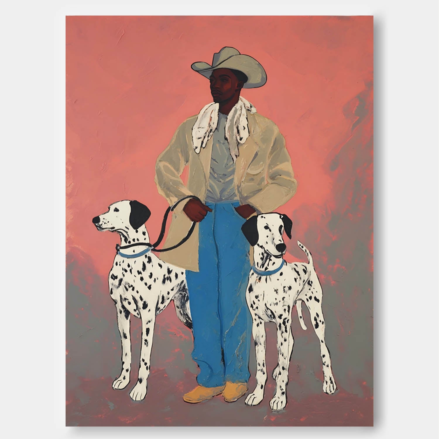 Vintage Cowboy With Dalmatian Dogs Handpainted Painting Western Style Wall Art Unique Animal Painting Dog Lovers
