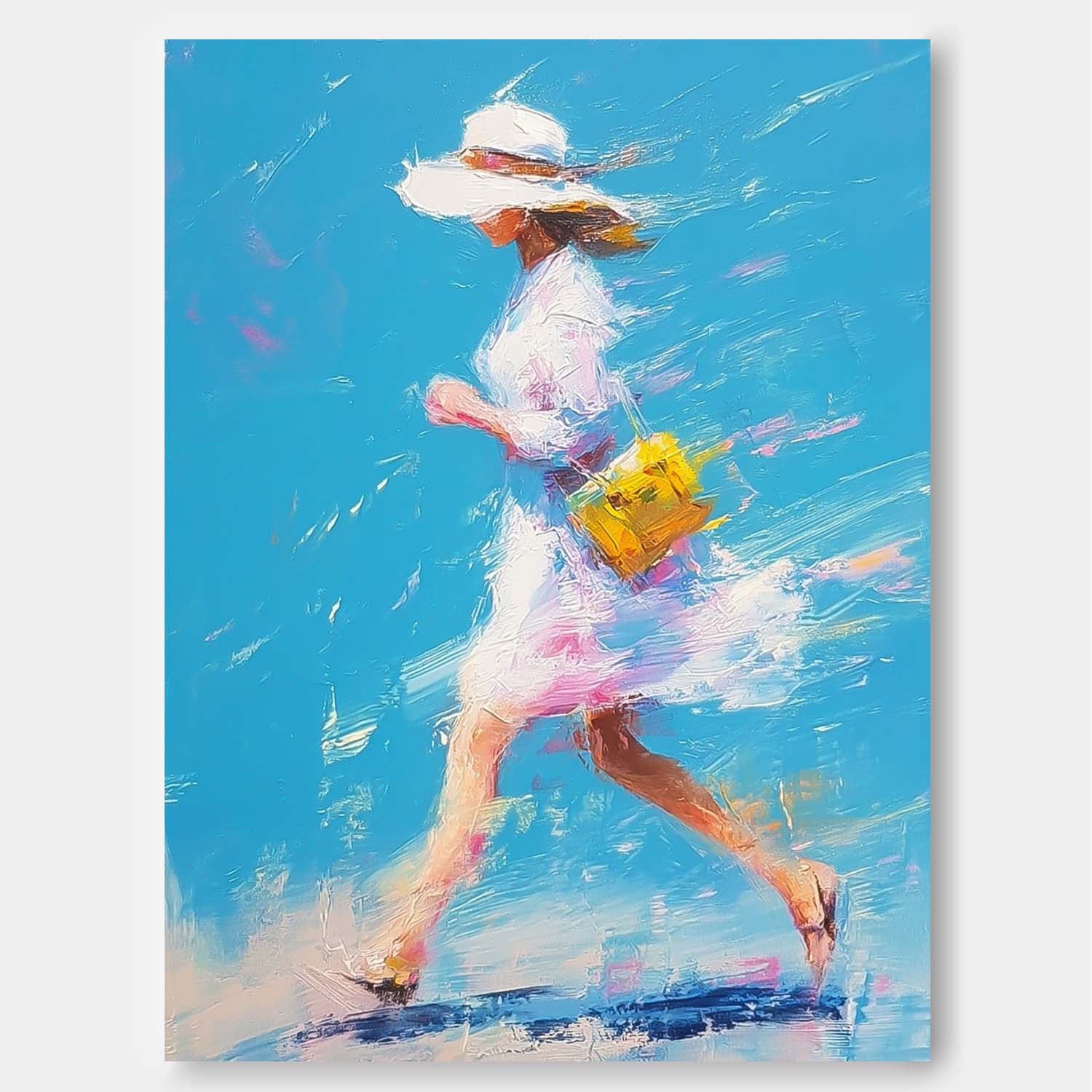 Textured Canvas Of Woman Impressionist Painting Bright Colorful Modern Impasto Oil Painting Walking Woman Art
