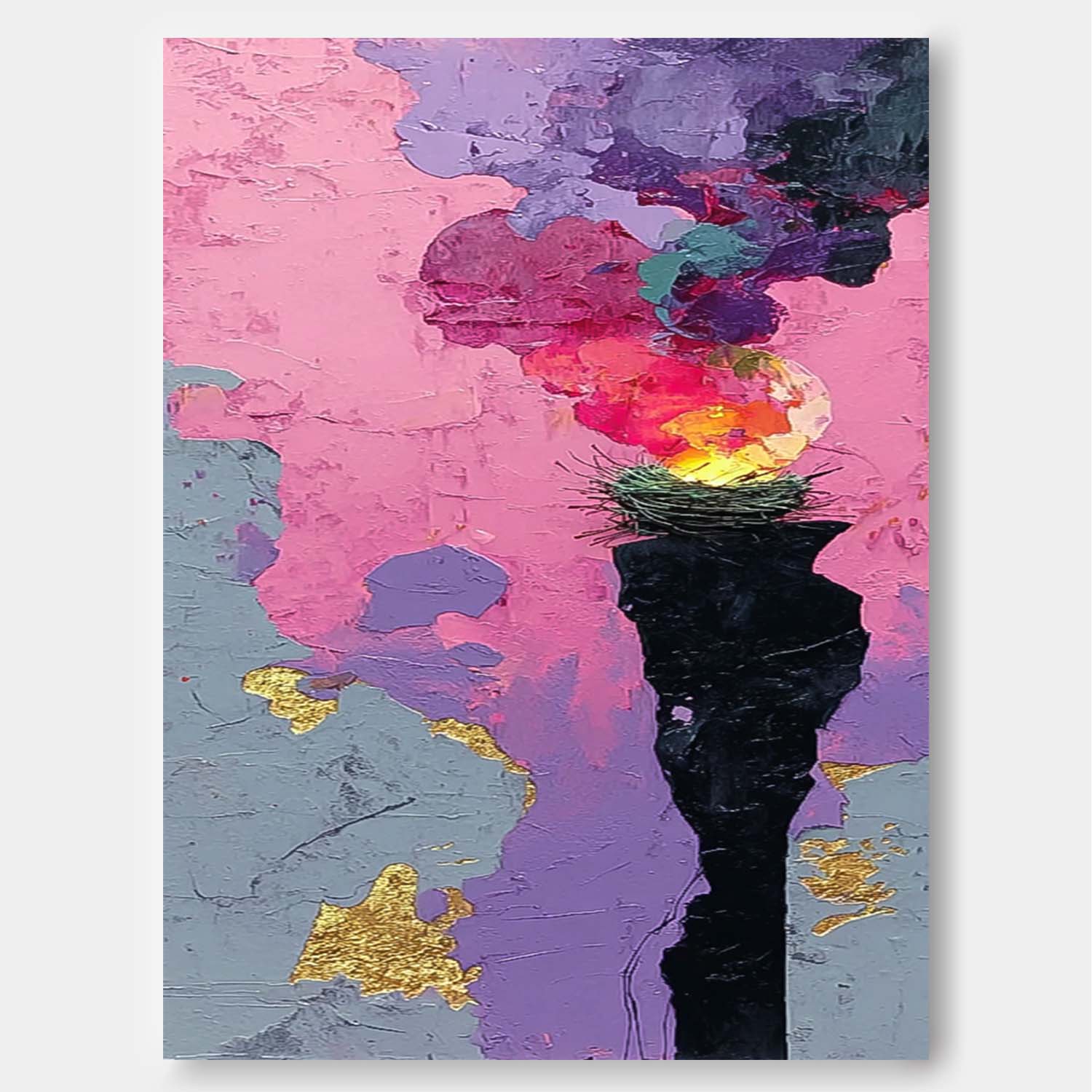 Original Bird's Nest Flames Painting Bright Texture Acrylic painting Abstract Large Wall Art Fashion Art