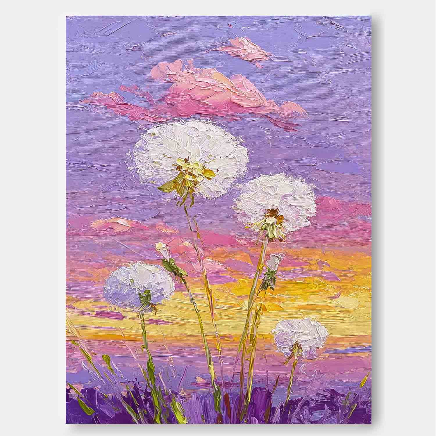 Vertical Dandelion Wall Art Textured Purple Sunset Oil Painting Vibrant Meadow Floral Art Decor