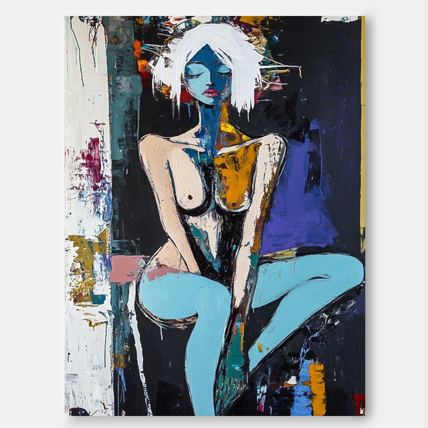 Large Girl Portrait Painting Abstract Lady Painting Woman Artwork Original Dark Style Wall Art Framed