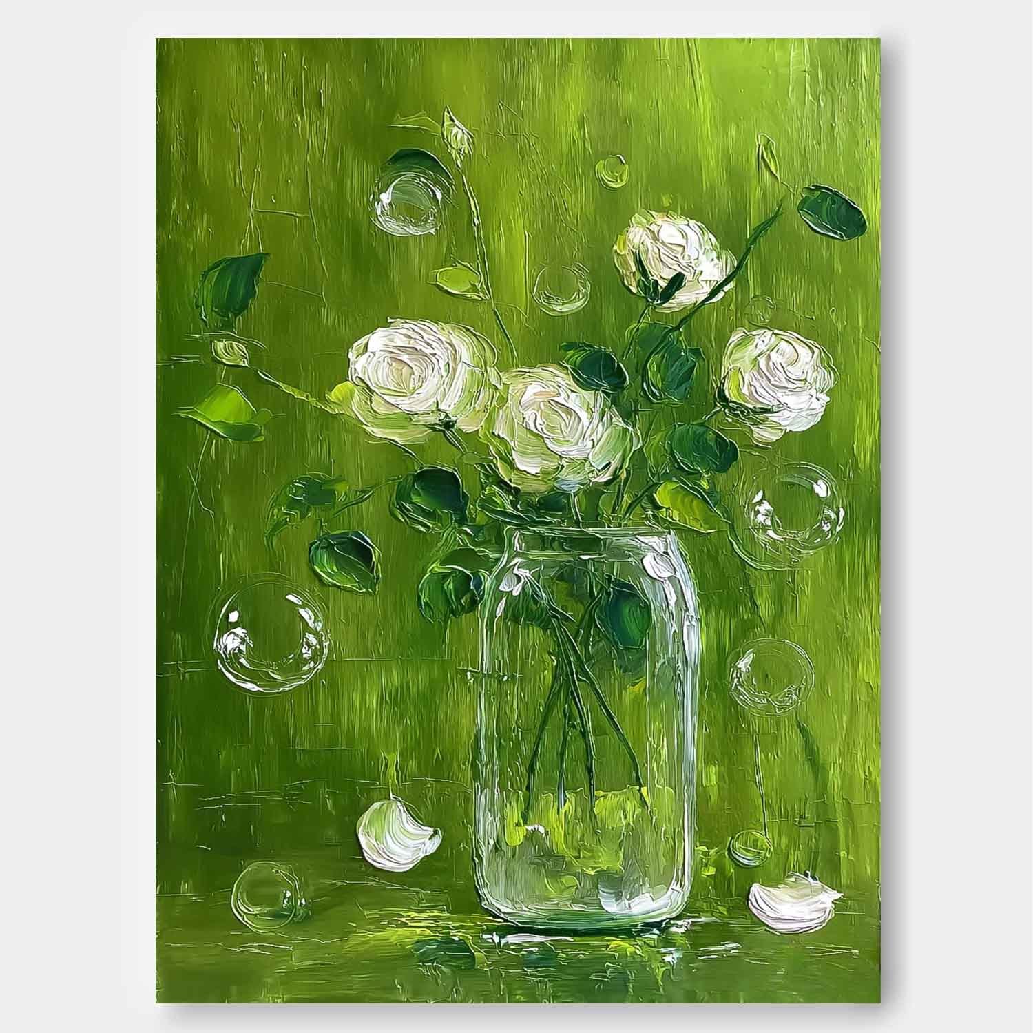 Impasto White Roses Oil Painting Canvas Modern Green Floral Wall Art 3D Textured Flower Bouquet In Glass Vase