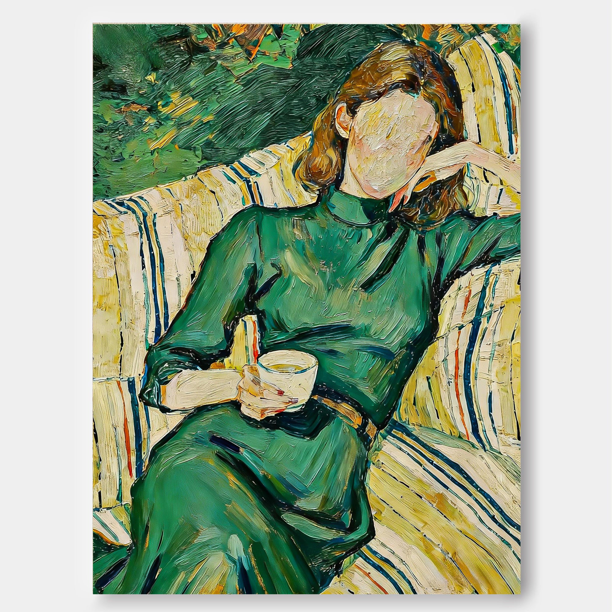 Emerald Green Impressionist Painting Faceless Woman In Dress Canvas Art Heavy Textured Wall Decor for Living Room