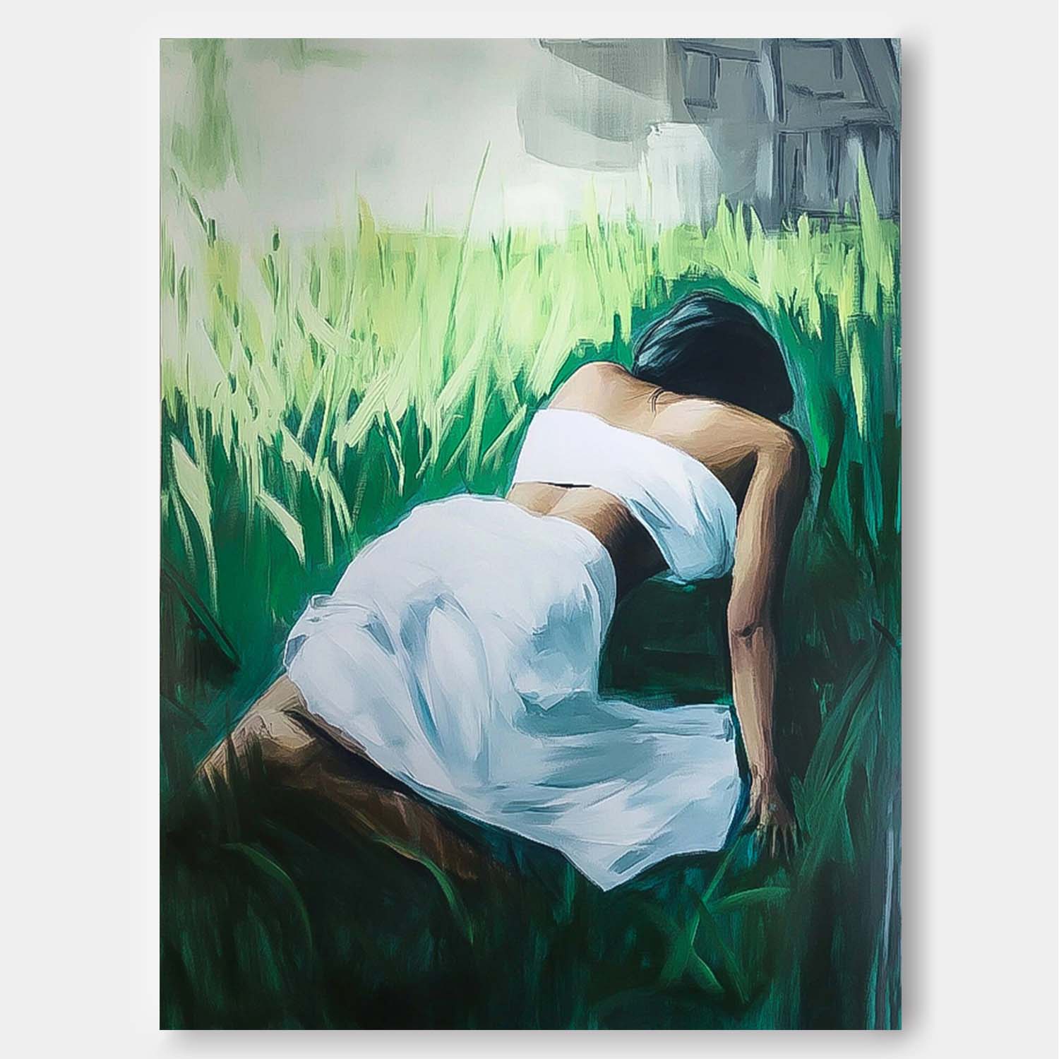 Large Woman In The Grass Artwork Girl Back Wall Art painting Abstract Lady Acrylic Painting Home Decor