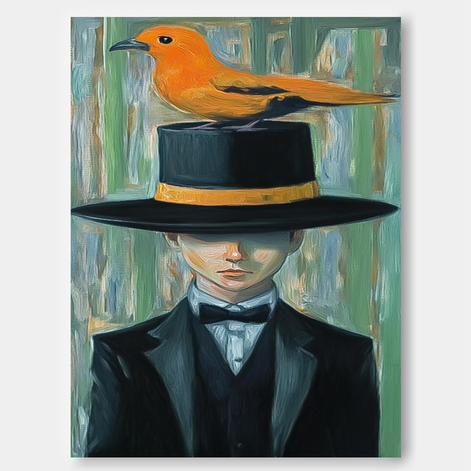 Man In A Suit With A Large Black Hat And An Orange Bird On It Wall Art Abstract Boy Oil Painting Canvas