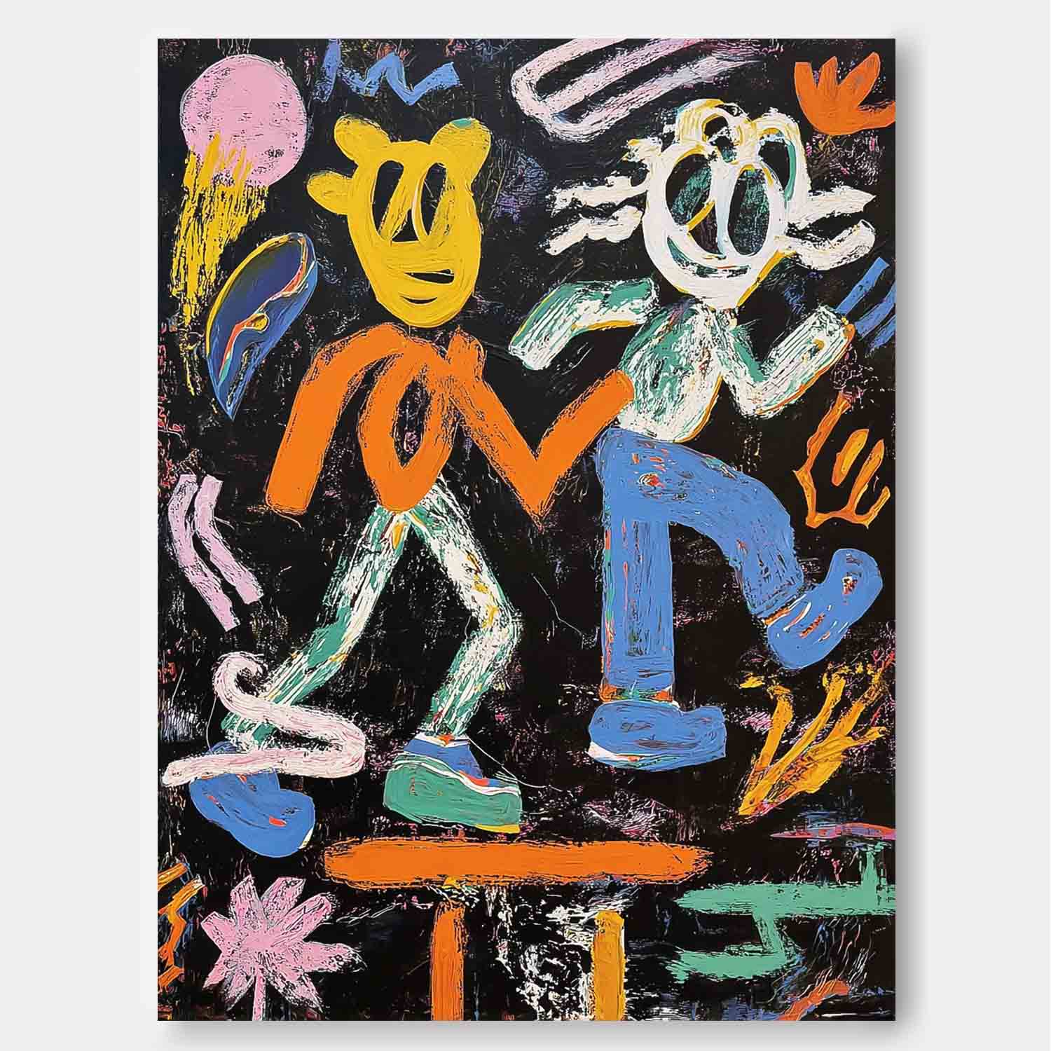 Whimsical Pop Art Colorful Doodle Impasto Oil Painting Vibrant Sun & Flower Abstract Playful Texture Artwork