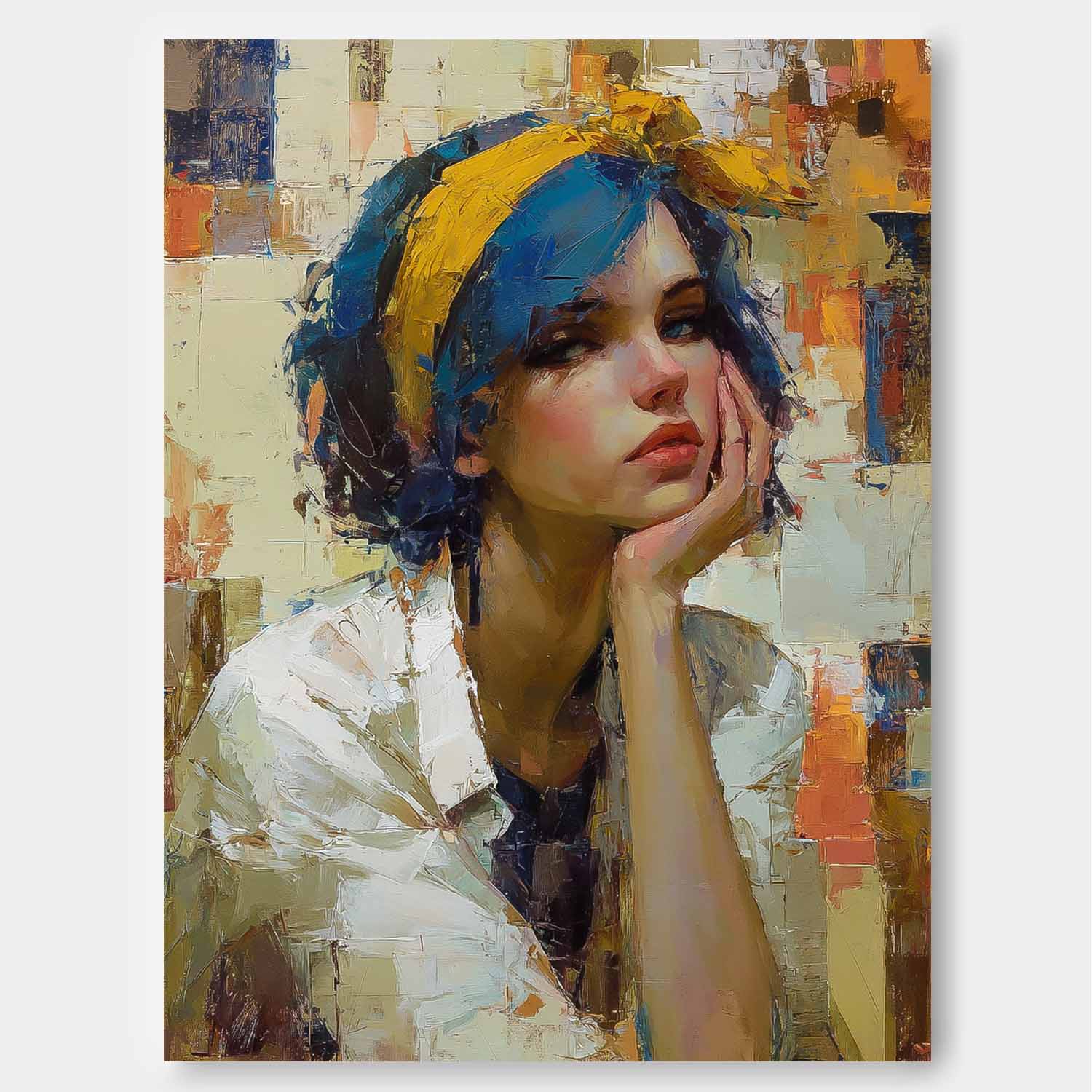 Modern Female Portrait Abstract Oil Painting Blue Hair Girl Wall Art Impasto Textured Canvas For Living Room