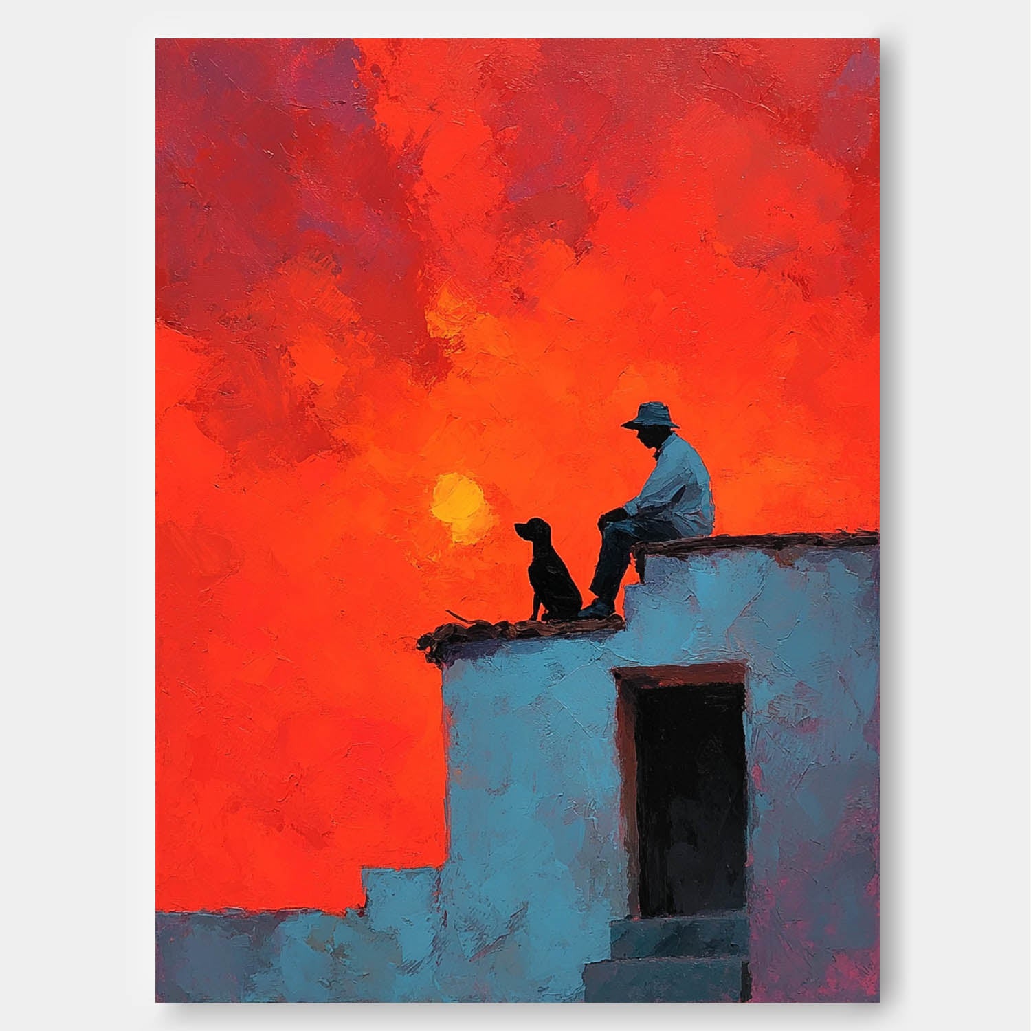 Vibrant Crimson Sunset Clouds Landscape Art Modern Impressionist Boy And Pet Canvas Modern Abstract Wall Decor