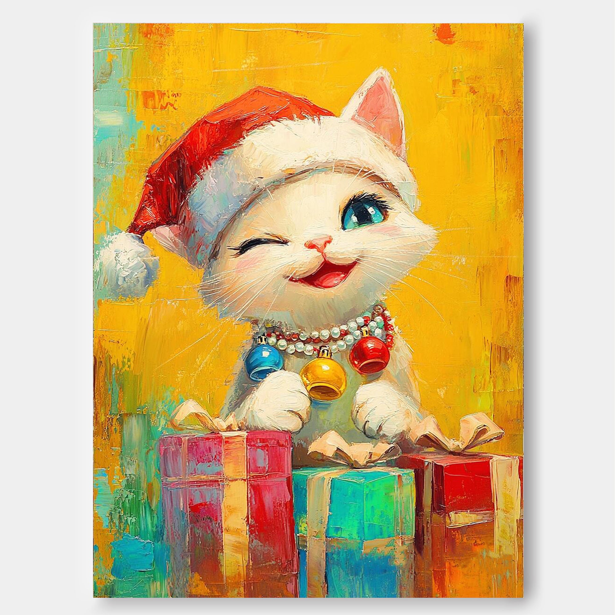 Large Christmas Cat Oil Painting Cat Holding A Gift Wall Art Texture Christmas Animal Oil Painting decor Art