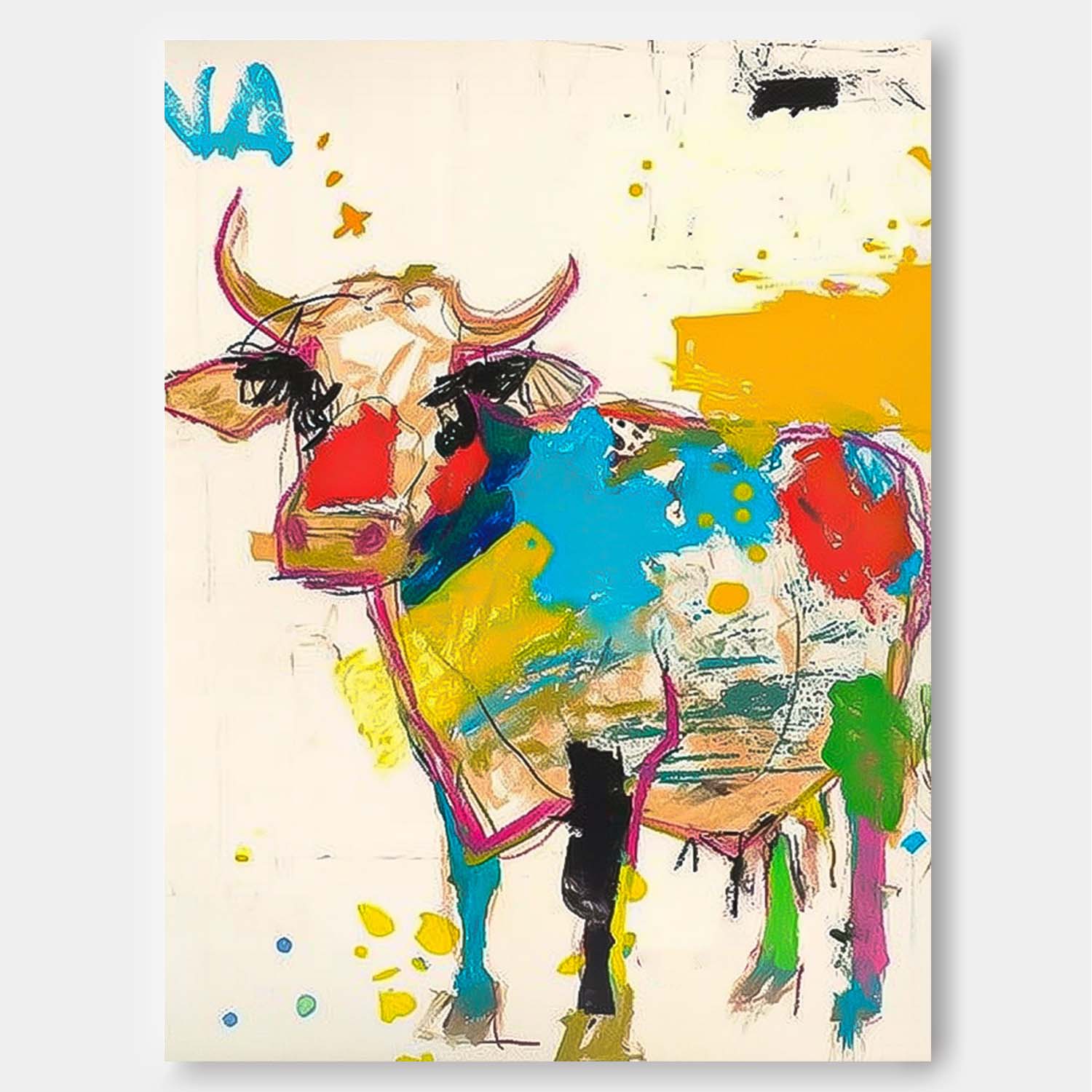 Large Acrylic Painting  Modern Colorful Cow Abstract Wall Art Minimalism Ox Animal Oil Painting Home Decor