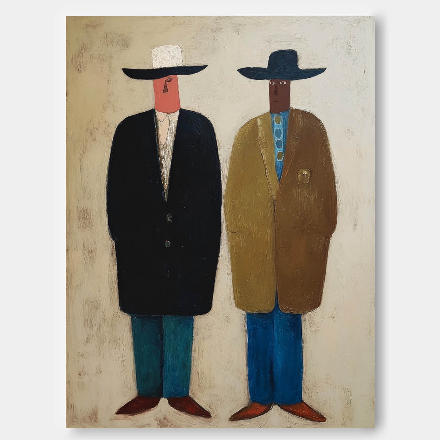 Two Figures In Cowboy Hats Retro Minimalist Wall Art Modern Abstract Painting Unique Artwork Home Decor