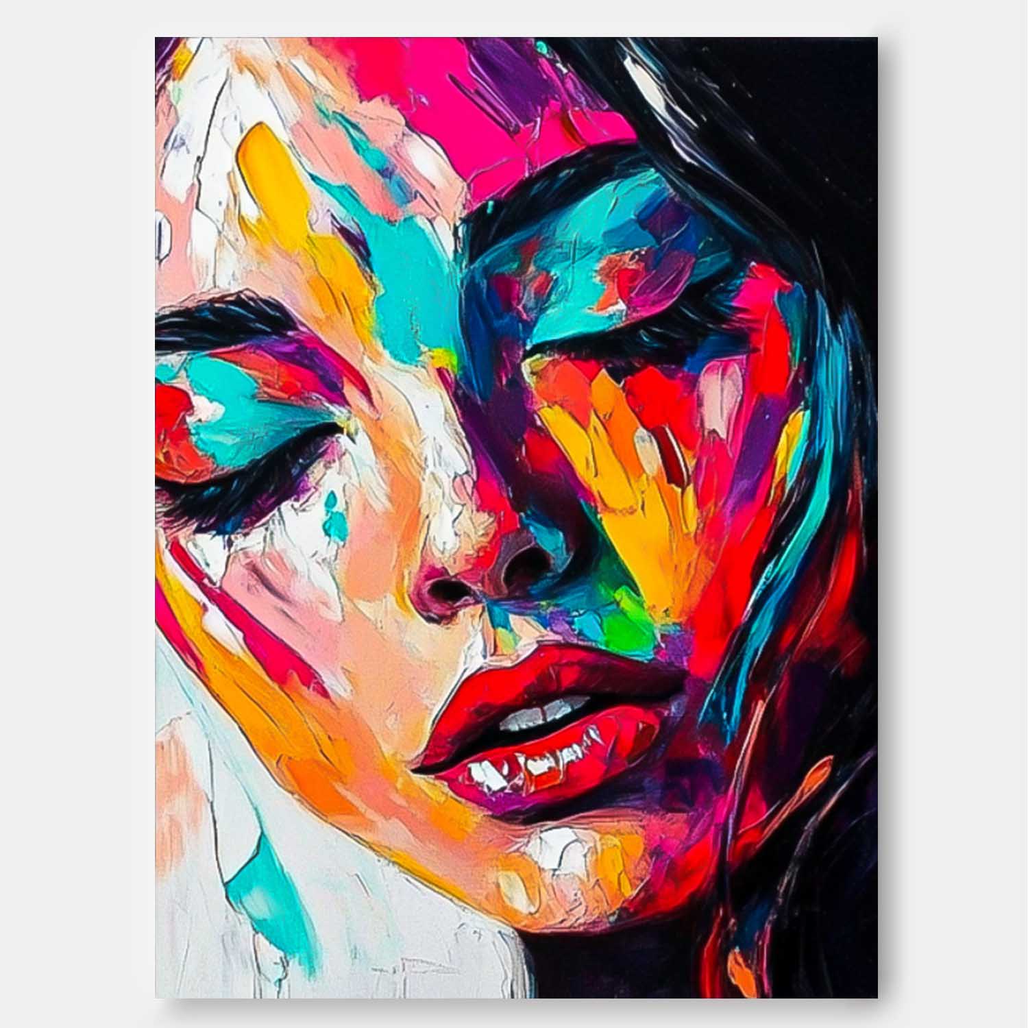 Abstract Woman Wall Art Framed Original Acrylic Painting Canvas Large Colorful Lady Face Artwork