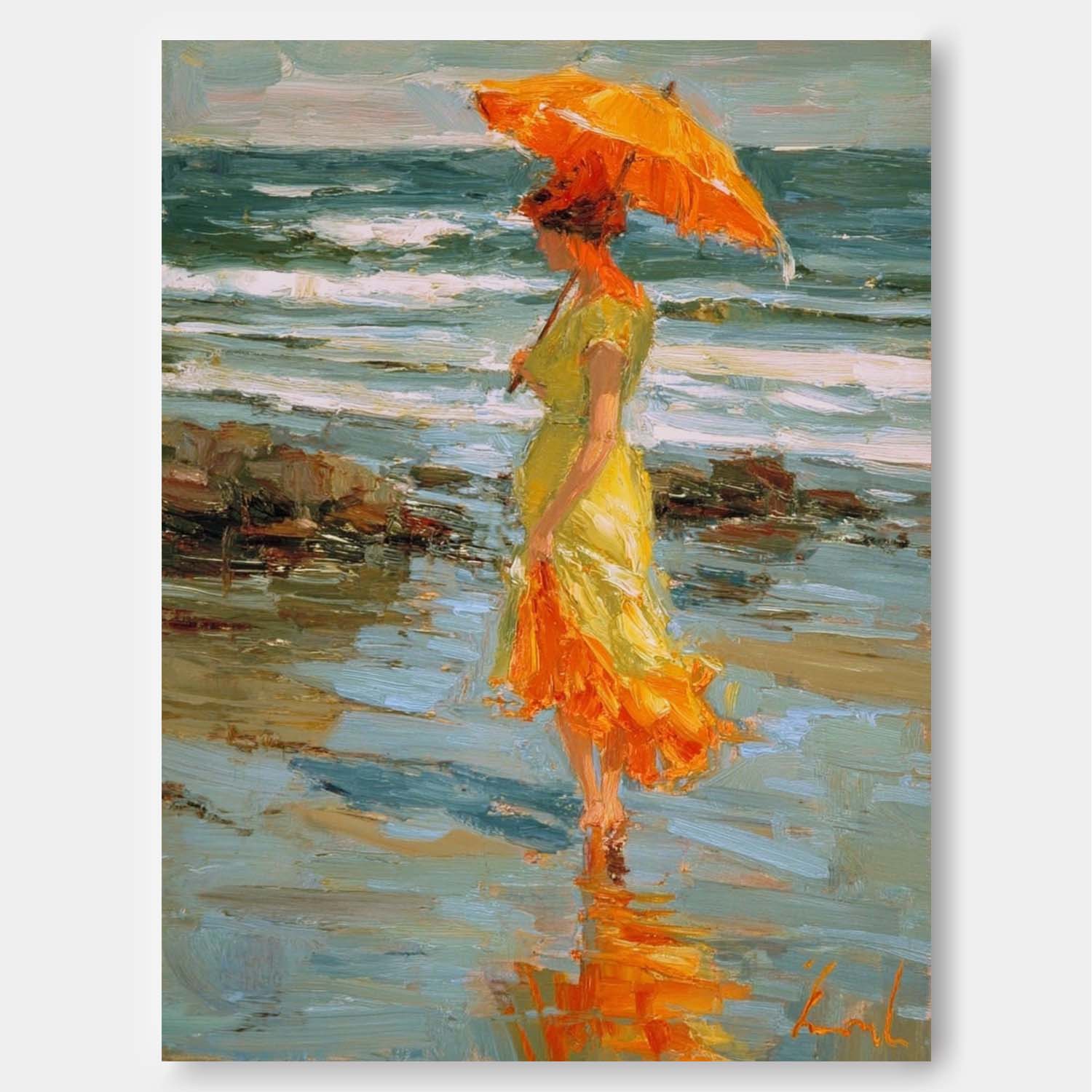 Original Handmade Art Elegant Woman In A Flowing Green Dress Painting Large Retro Unique Artwork Decor