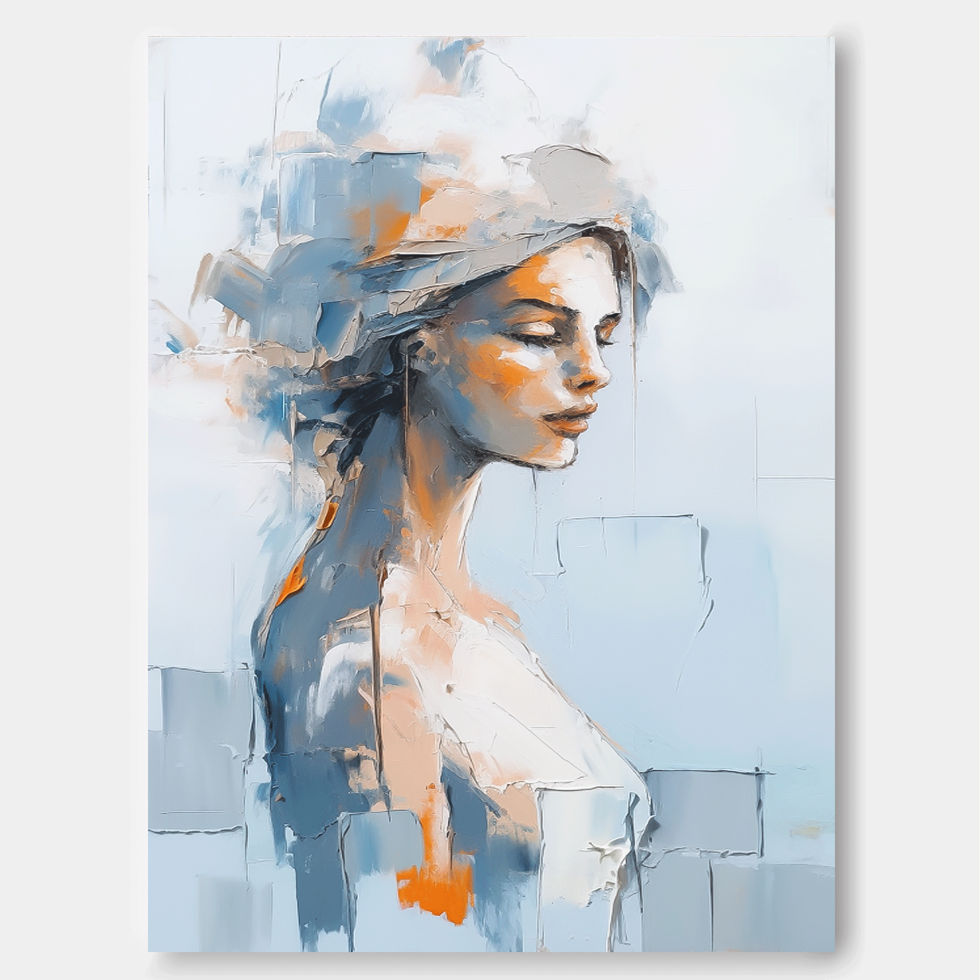 Original Blue Wall Art Abstract Lady Painting Woman Face Artwork Large Portrait Painting For Living Room