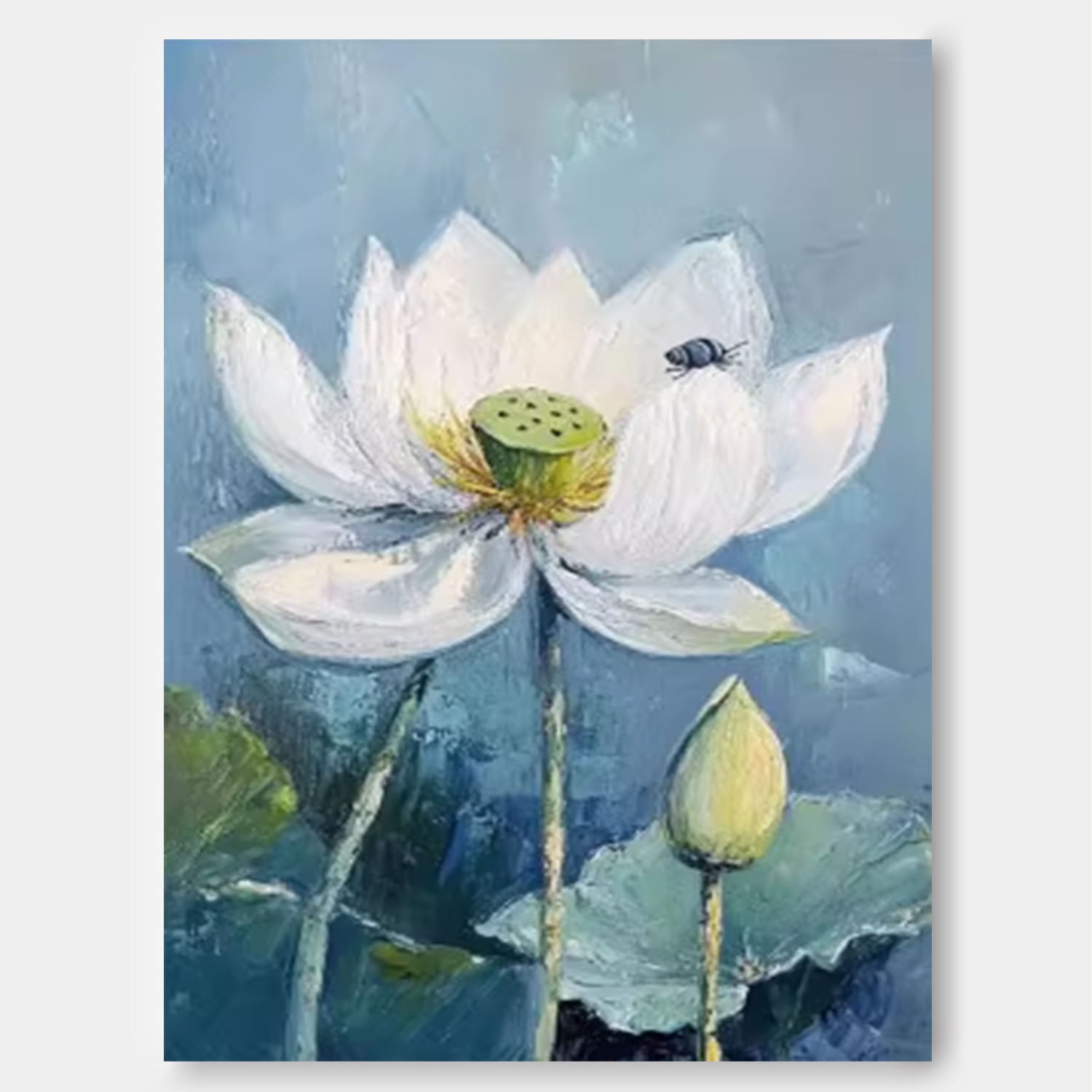 Big Original Texture Beautiful Blue Flowers Artwork Abstract Lotus Flower Oil Painting On Canvas Framed