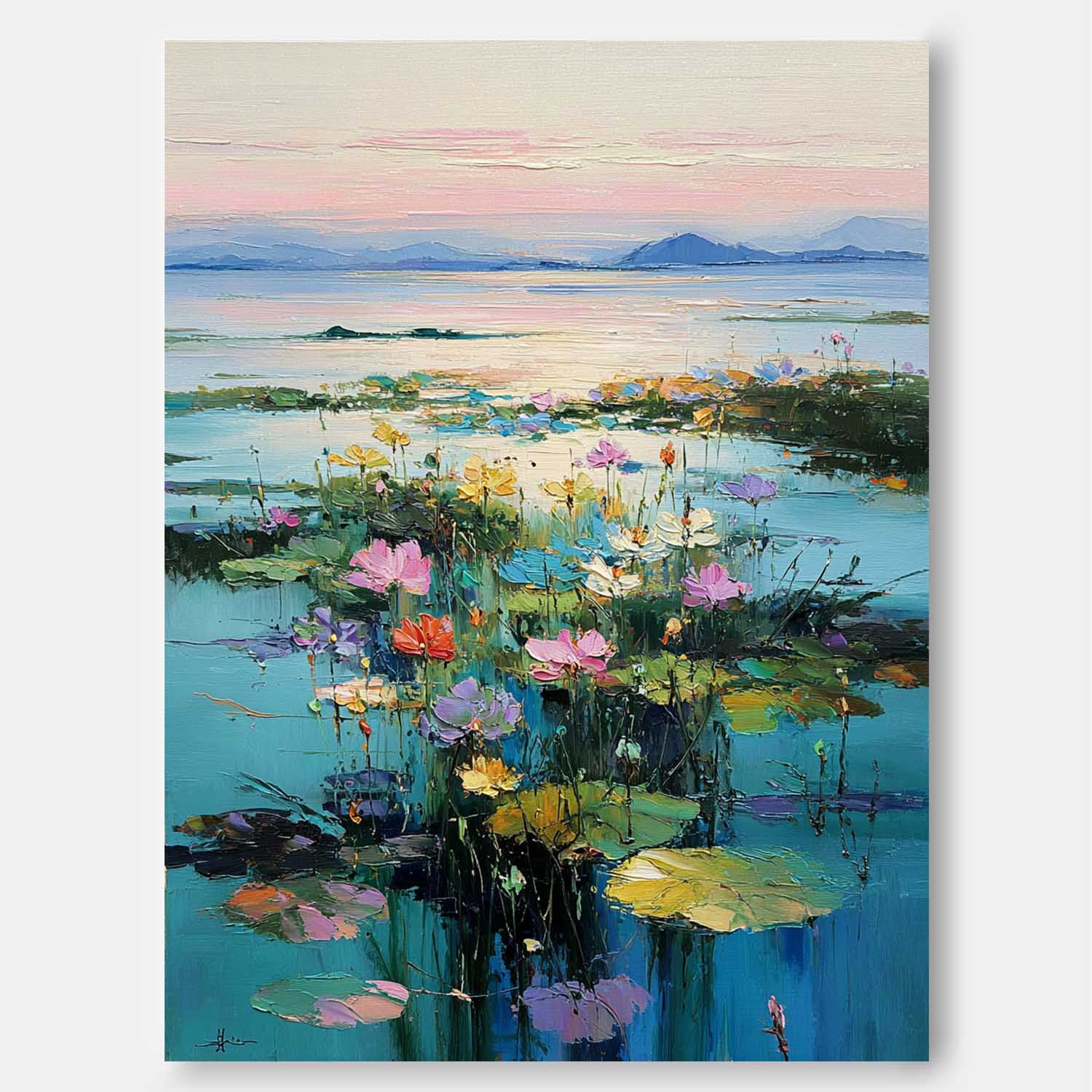 Colorful Lake & Floral Oil Painting Modern Landscape Wall Art Home Decor Large Sunset Nature Artwork