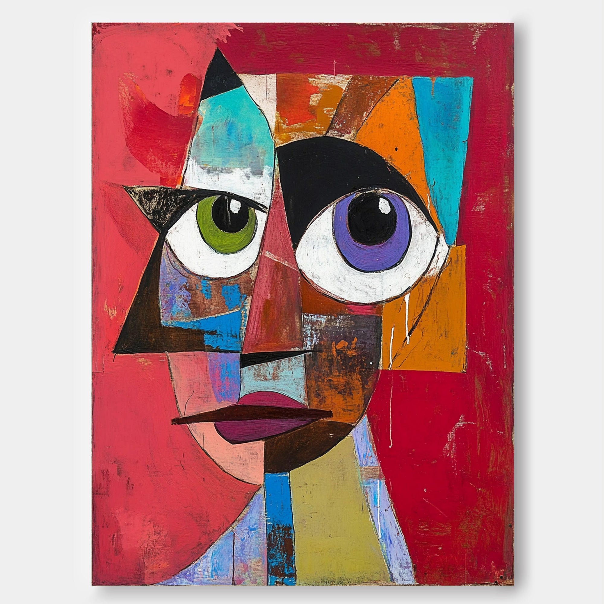 Original Bold Bright Red Artwork Expressive Abstract Faces Painting Modern Facial Wall Art Home Decor