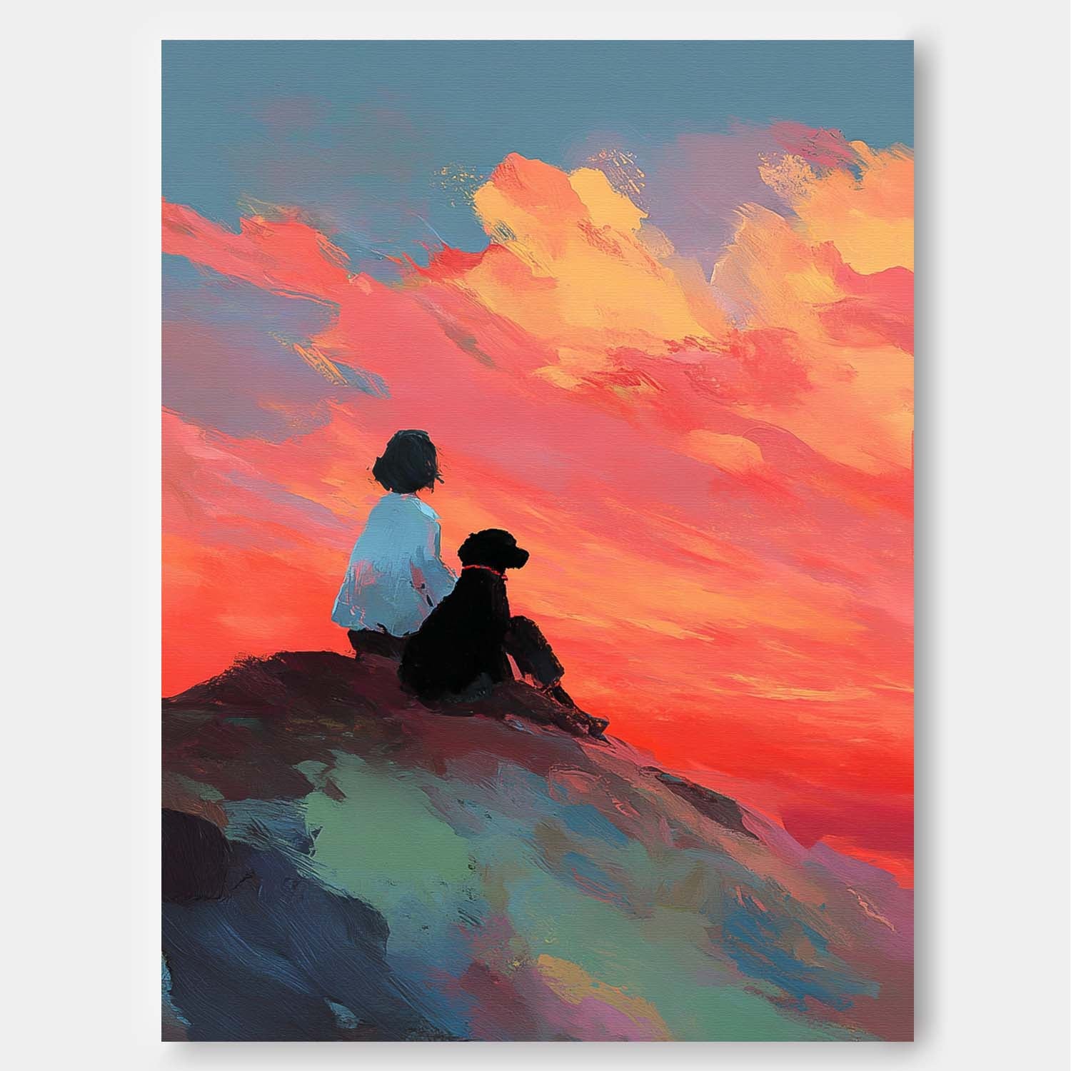 Abstract Sunset Wall Art Girl And Dog On Hilltop Contemporary Framed Painting Modern Impressionist Artwork
