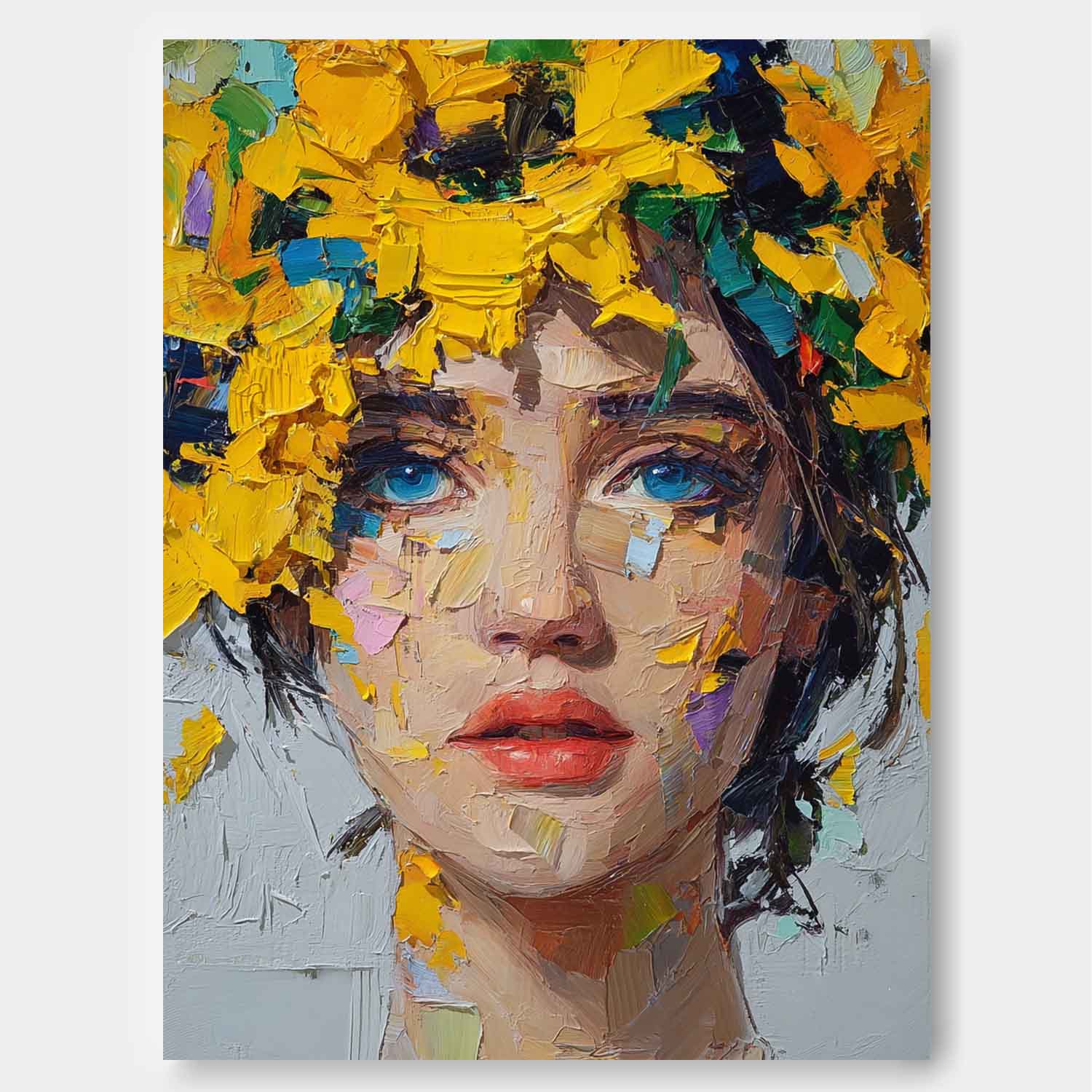 Original Handpainted Oil Portrait With Vibrant Yellow Floral Crown Bold Brushstroke Texture Canvas Art