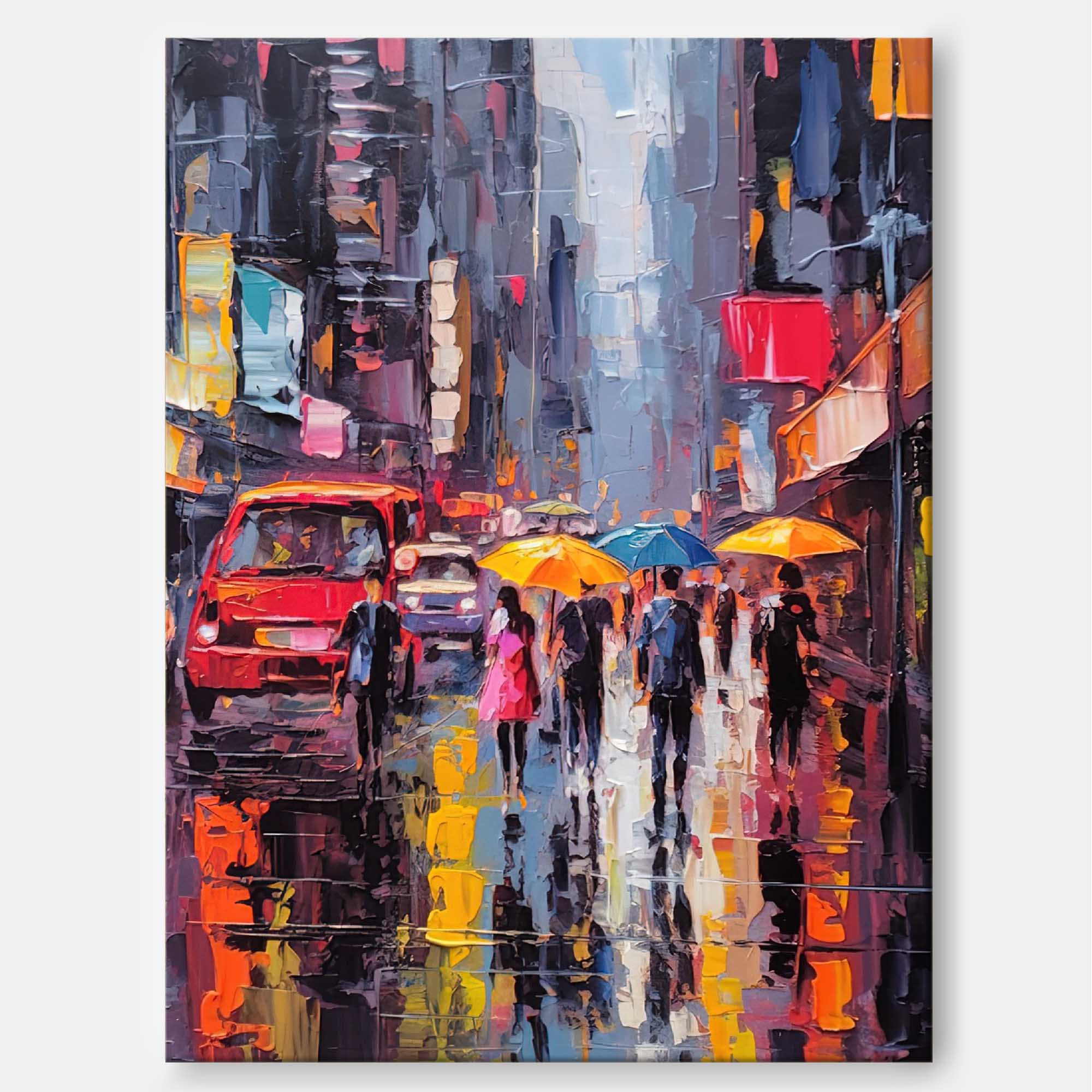 Original Modern Rainy Night Cityscape Oil Painting On Canvas Abstract Urban Scene Art Large Wall Art Home Decor