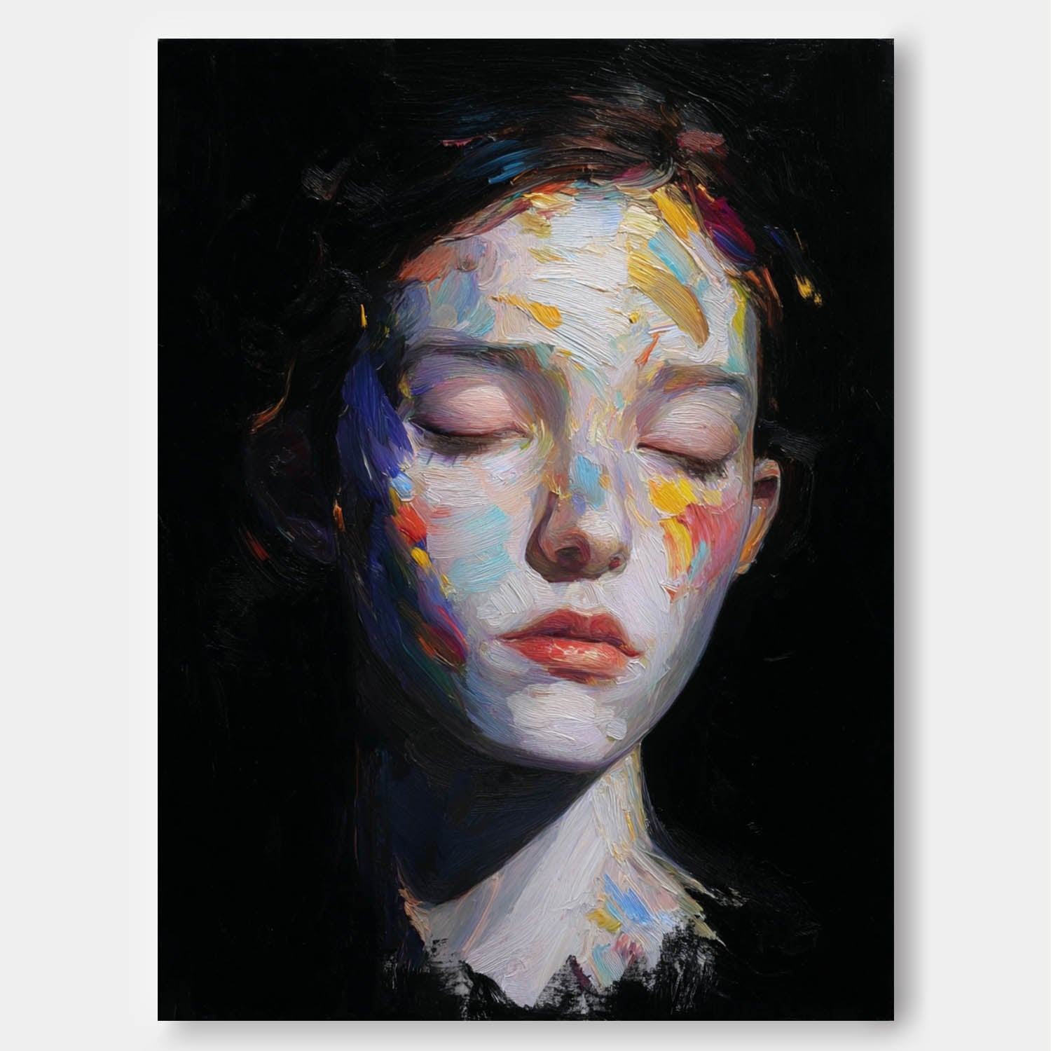 Original Expressive Abstract Portrait Painting Vibrant Colorful Splashes Bold Brushstrokes Contemporary Wall Art