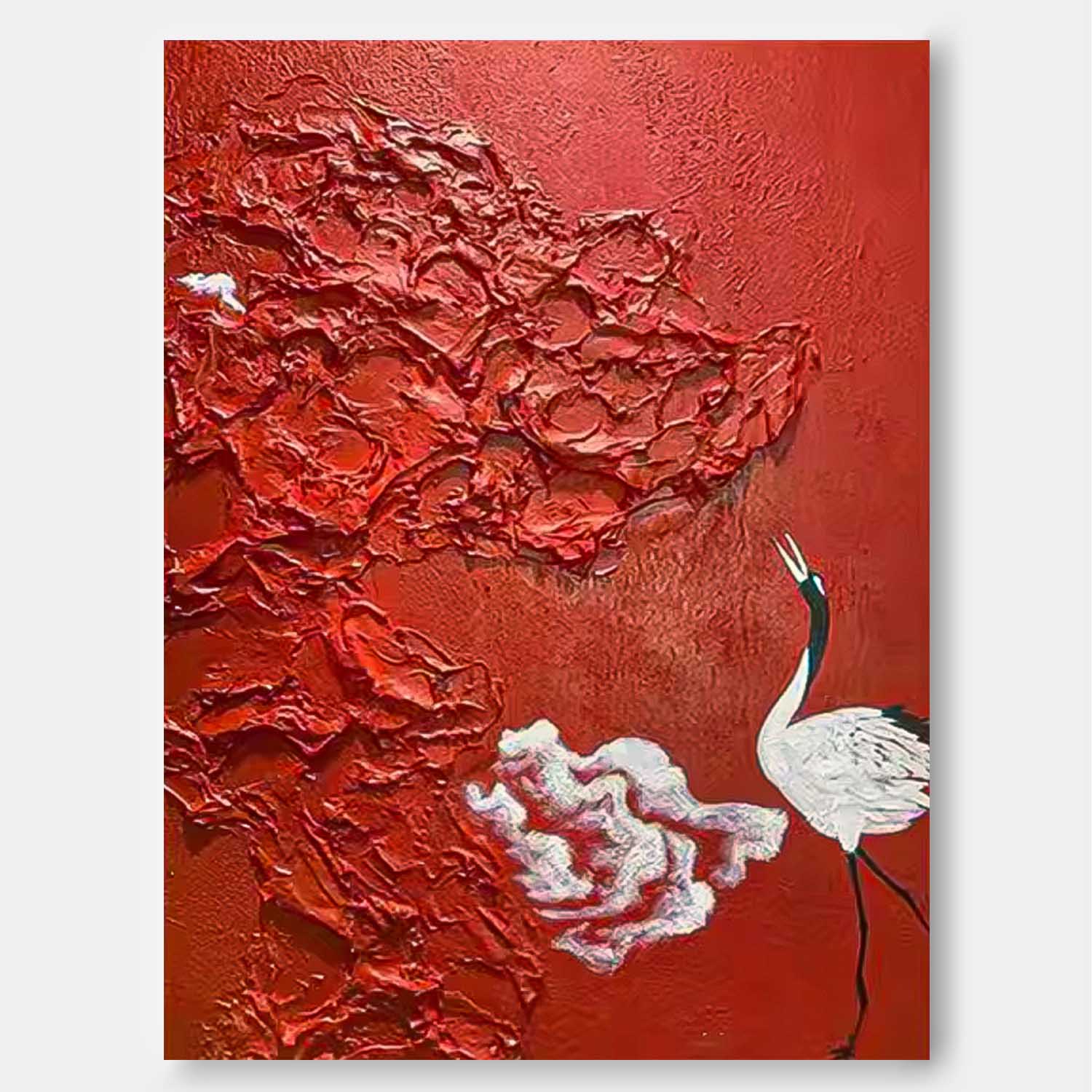 Bright Red Oil Painting Modern Thick Texture Crane Oil Painting Impressionist  Crane Animal Wall Art