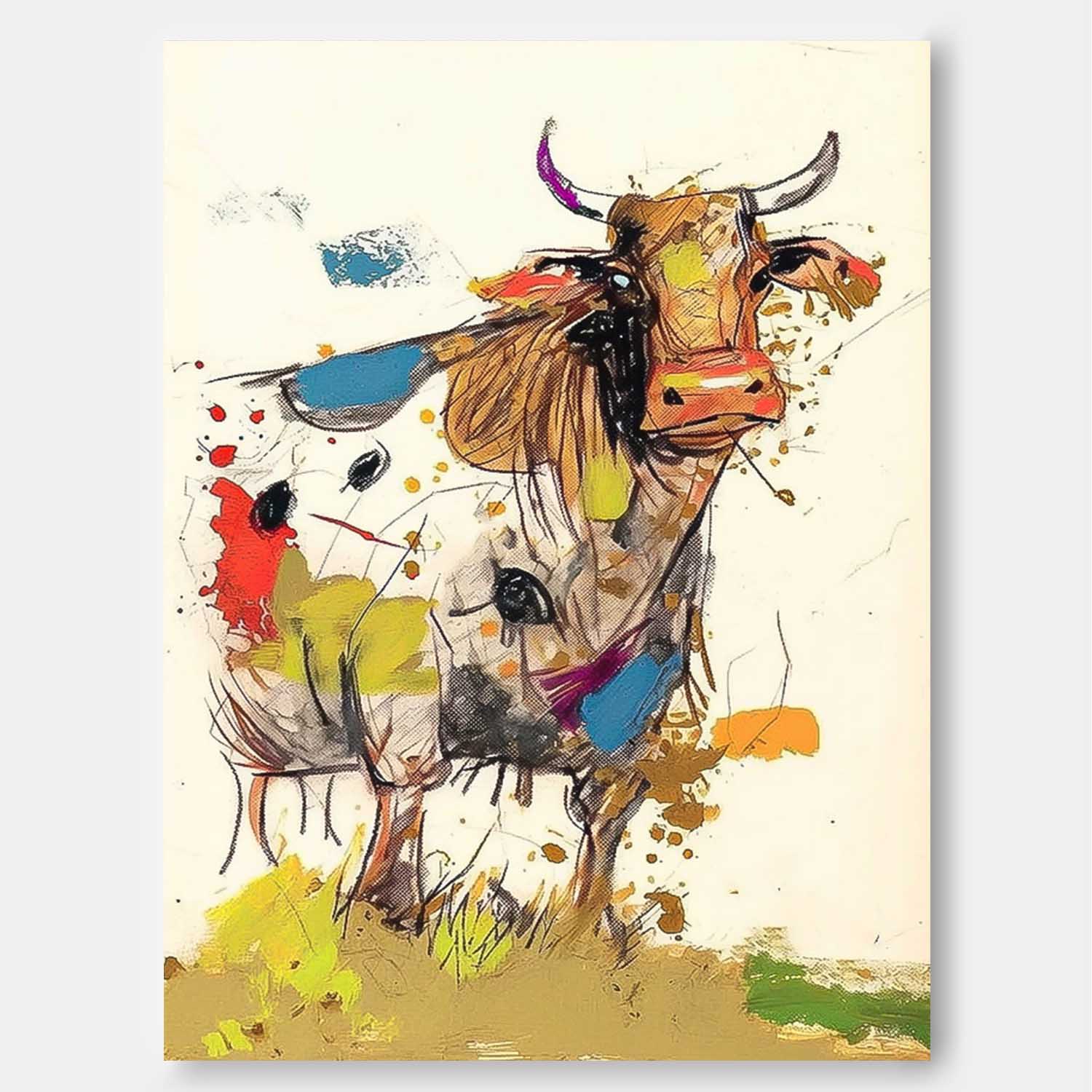 Modern Colorful Cow Abstract Wall Art Minimalism Animal Oil Painting Large Ox Acrylic Painting Home Decor
