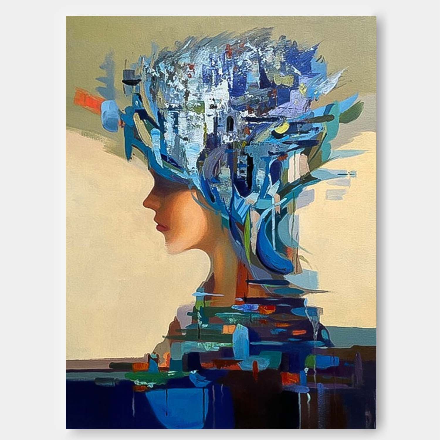 Original Blue Wall Art Abstract Lady Painting Woman Face Artwork Large Leaf Faceless Portrait Painting