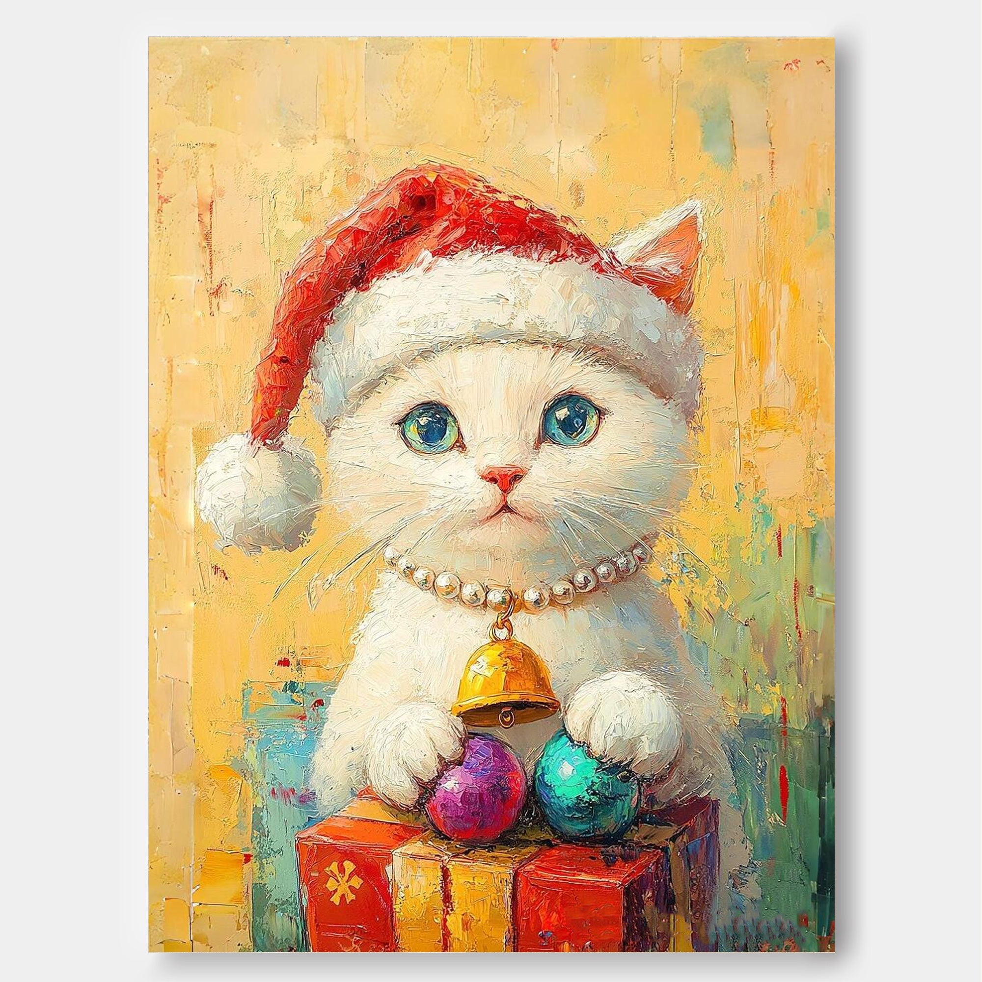 Texture Christmas Animal Oil Painting Large Christmas Cat Oil Painting Cat Holding A Gift Wall Art decor Art