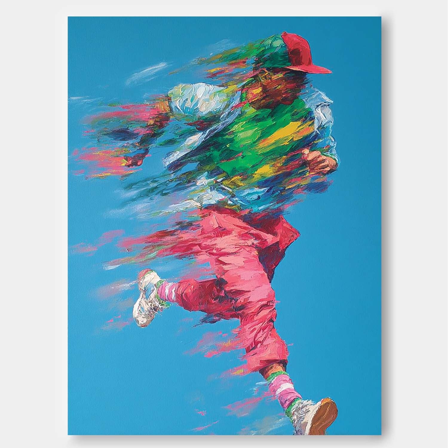 Dynamic Running Man Impasto Painting Energetic Sport Wall Art Abstract Motion Figure Colorful Urban Artwork