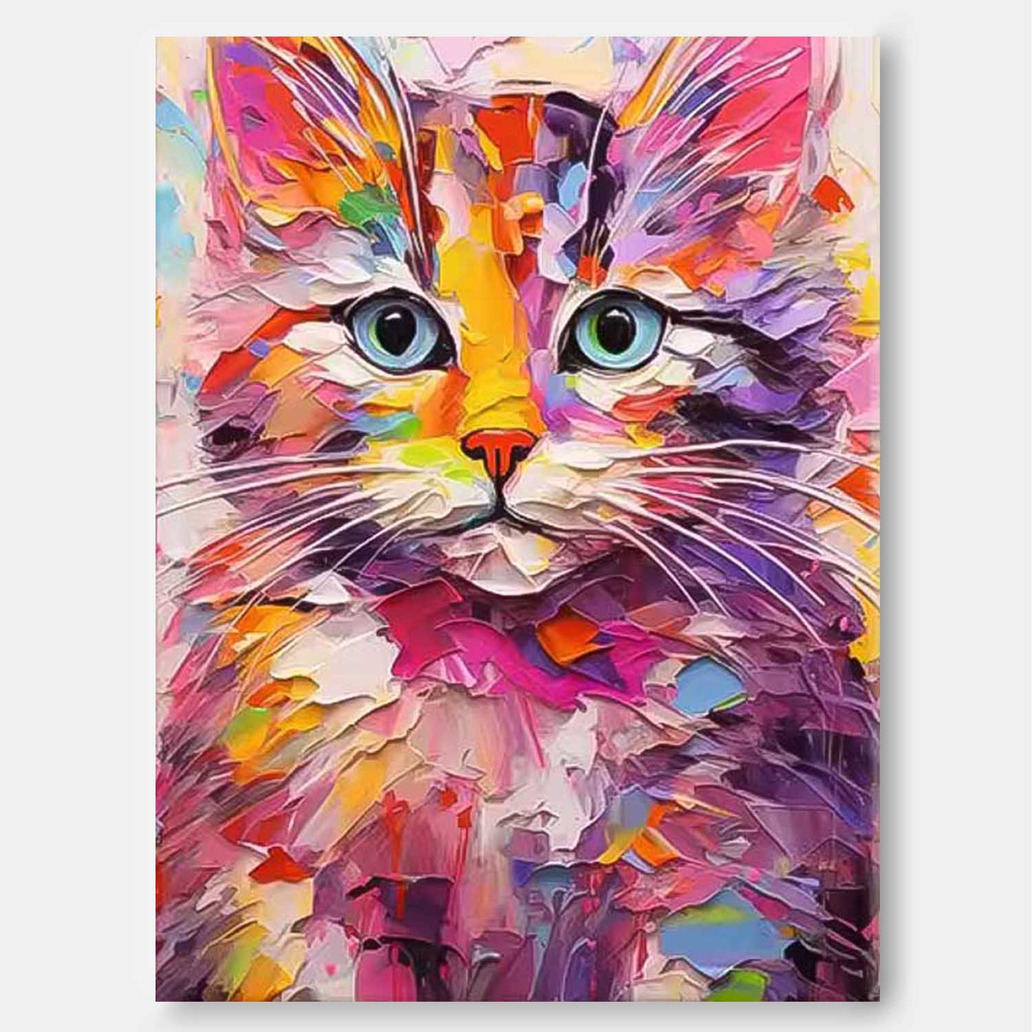 Vibrant Color Cat Oil Painting Modern Colorful Texture Animal Oil Painting Impressionist Kitty Wall Art