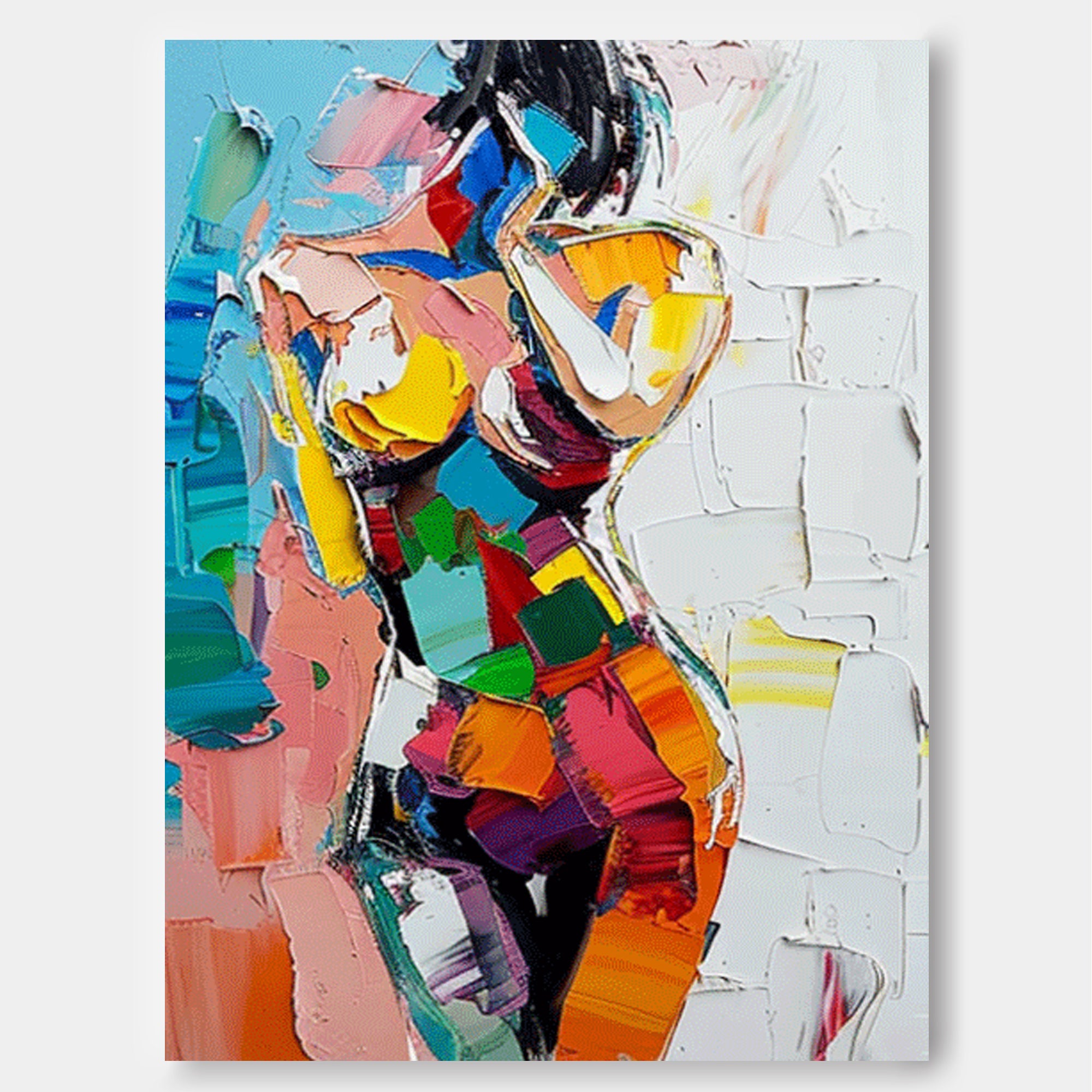 Figure Abstract Painting Colorful Texture Girl Wall Art Lady Oil Painting On Canvas Framed For Living Room