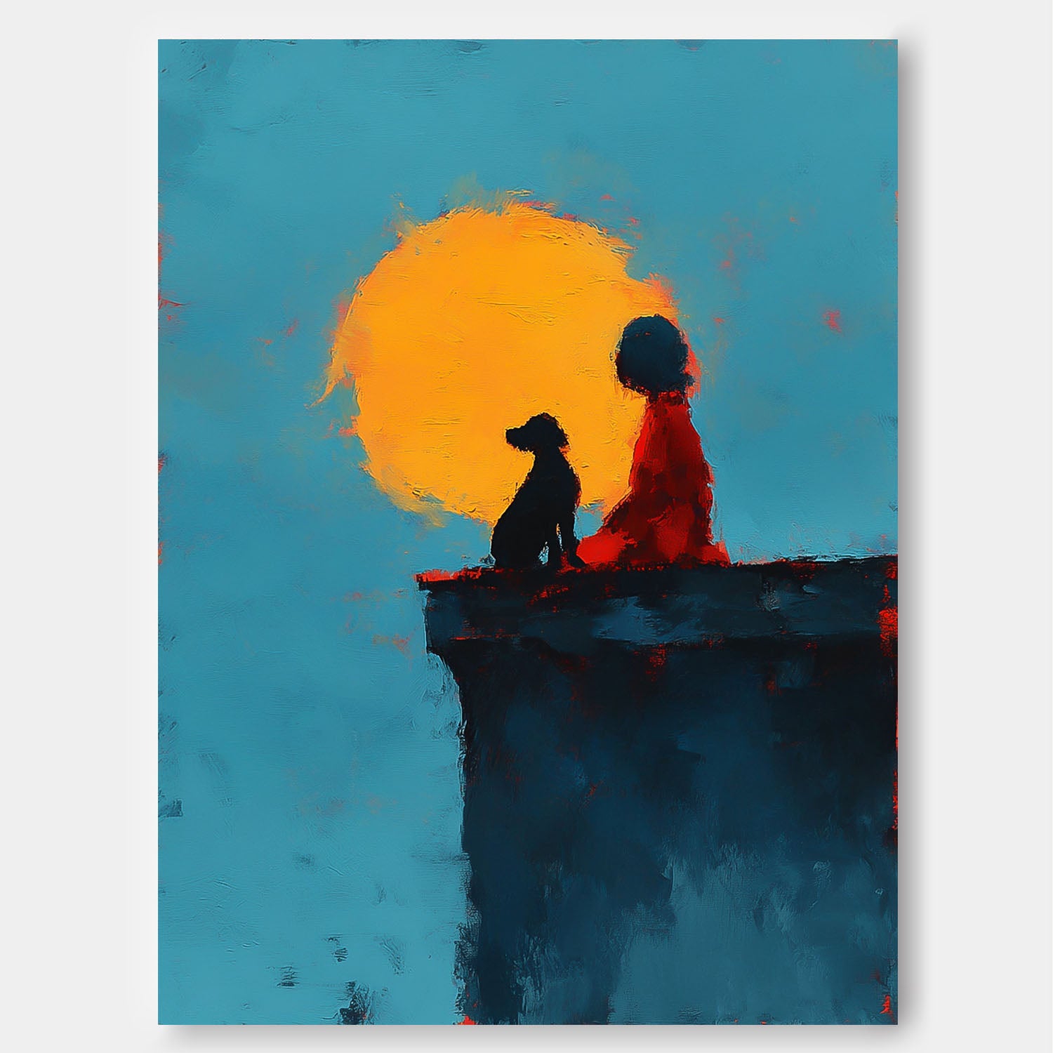 Minimalist Girl And Dog Painting Meaningful Gift Abstract Sunset Canvas Impressionist Textured Fine Art