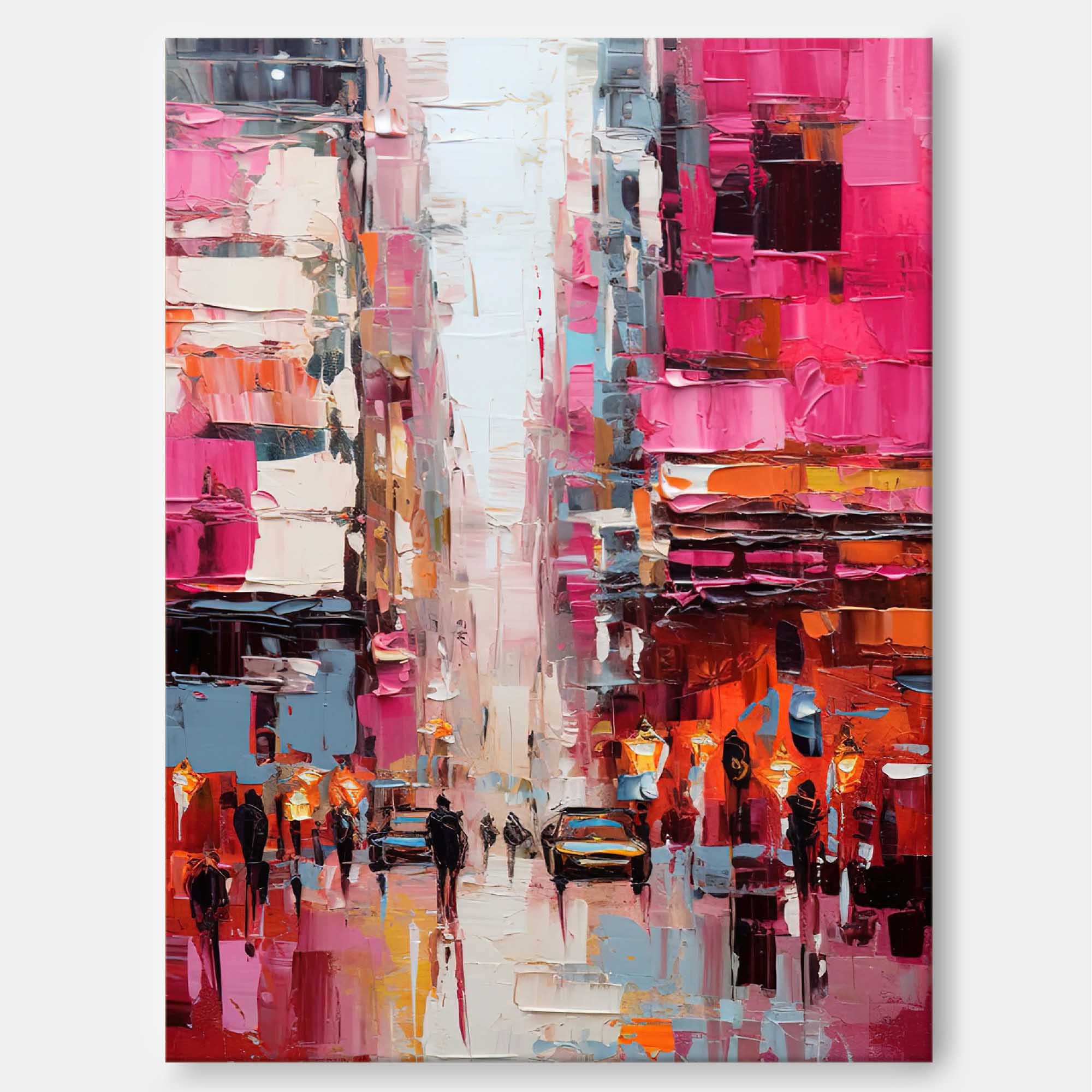Large Pink Abstract Cityscape Oil Painting On Canvas Original Urban Scene Art Modern Colorful Wall Art Living Room