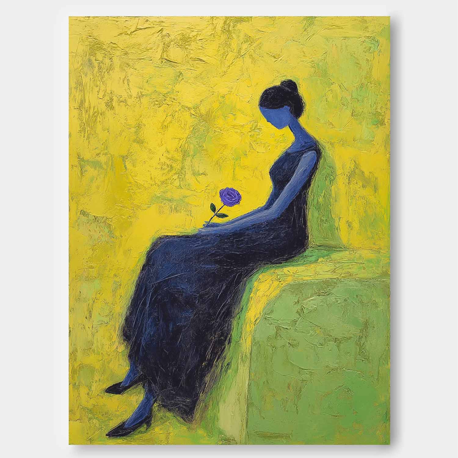 Melancholic Blue Lady Oil Painting Impasto Abstract Wall Art Serene Woman Modern Portrait Textured Artwork