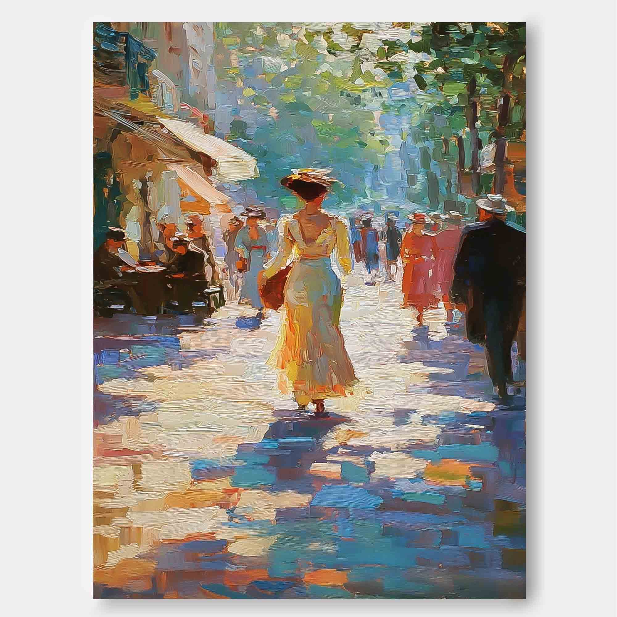 Large Vintage Sunlit Street Oil Painting Impressionist Canvas Wall Art Original Figure For Living Room Decor