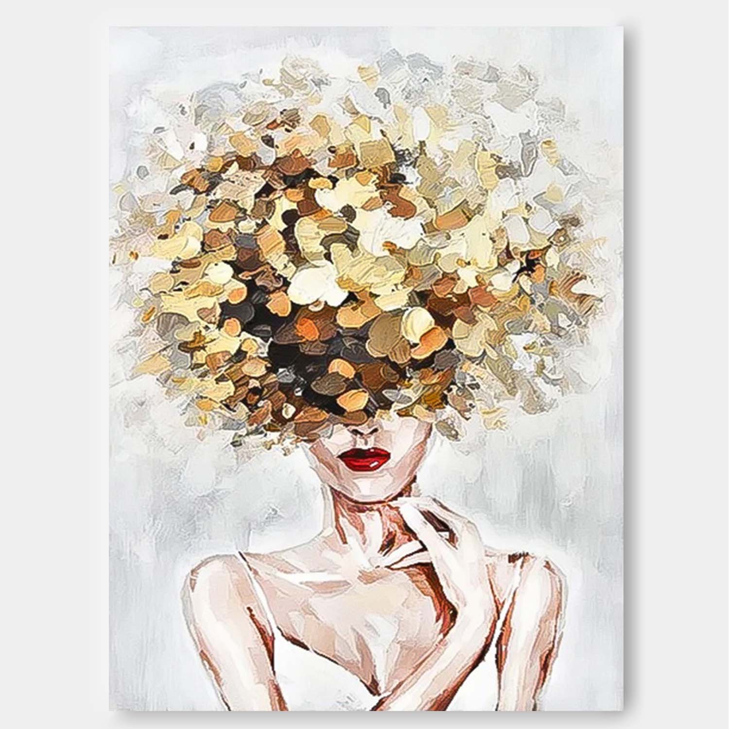 Original White Wall Art Abstract Lady Painting Woman Face Artwork Large Leaf Faceless Portrait Painting