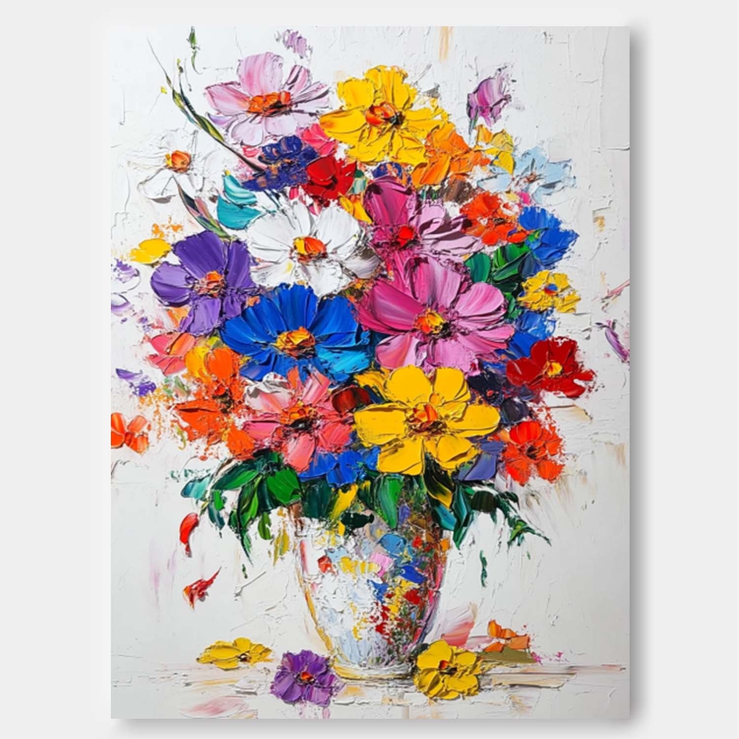 Colorful Flowers Acrylic Painting Canvas Large Textured Vase Art Original Floral Painting For Living Room