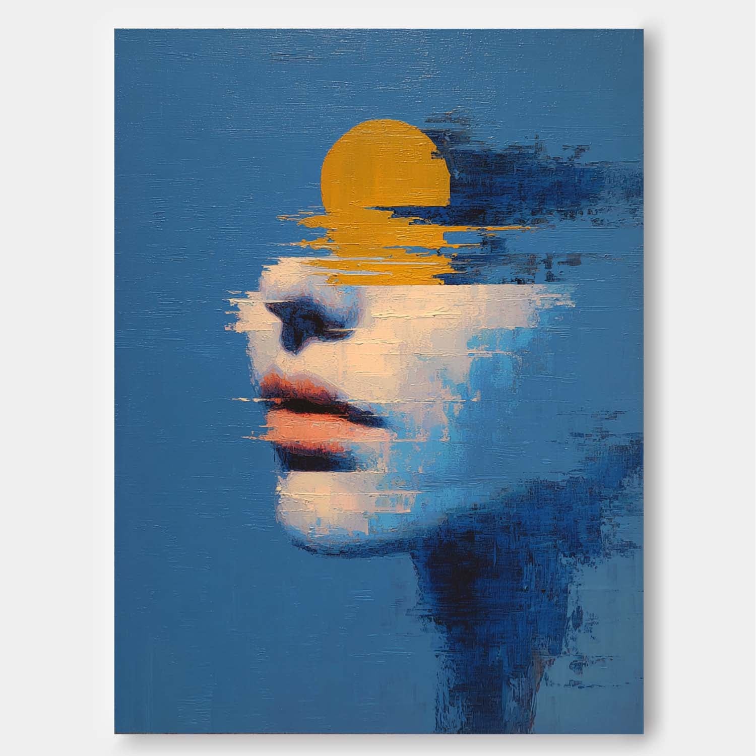 Abstract Sun-Portrait Fusion Art Painting Modern Blue Tone Contemporary Artwork With Striking Visual Depth