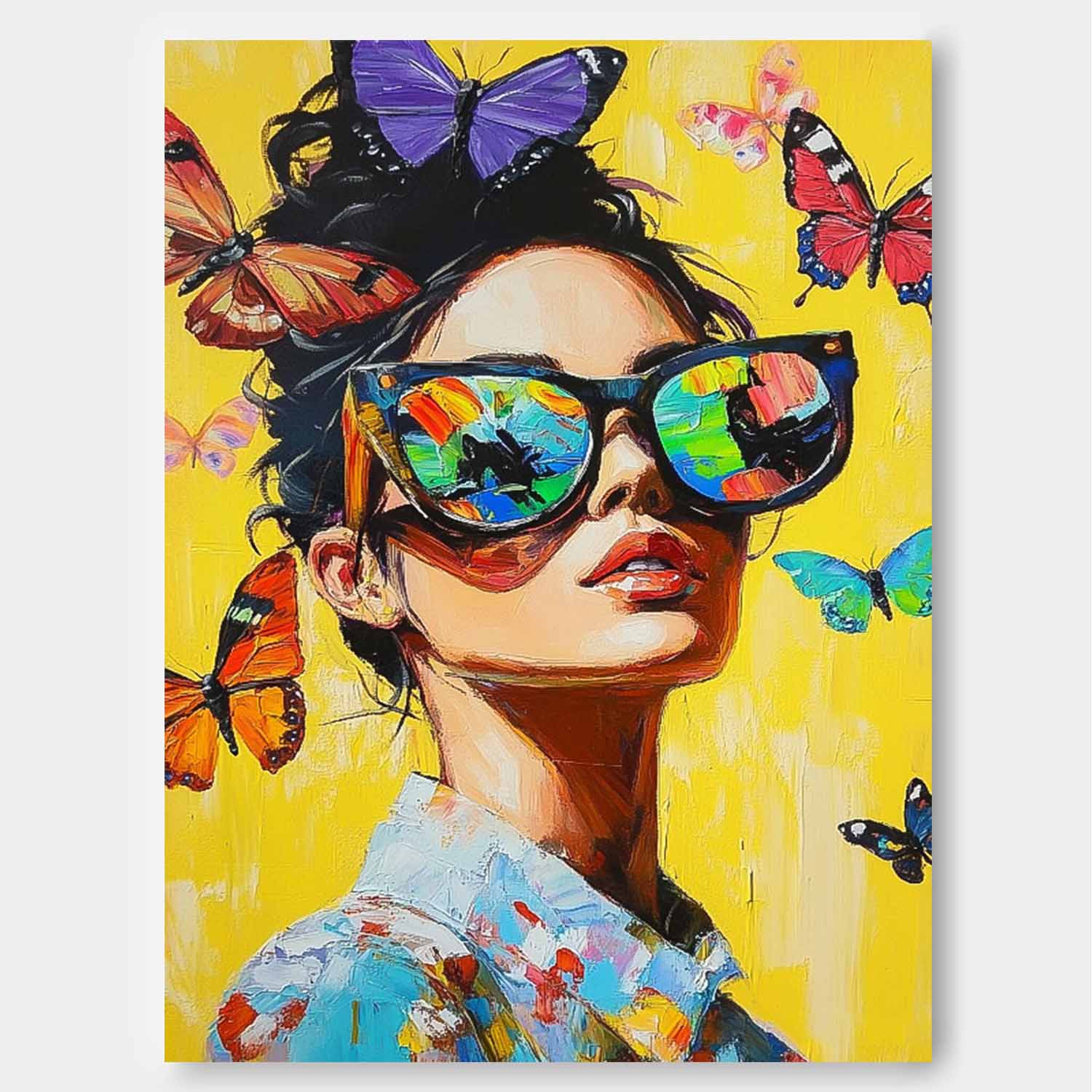 Vibrant Yellow Original Texture Girl Wall Art Abstract Butterfly Oil Painting On Canvas Lady Modern Artwork