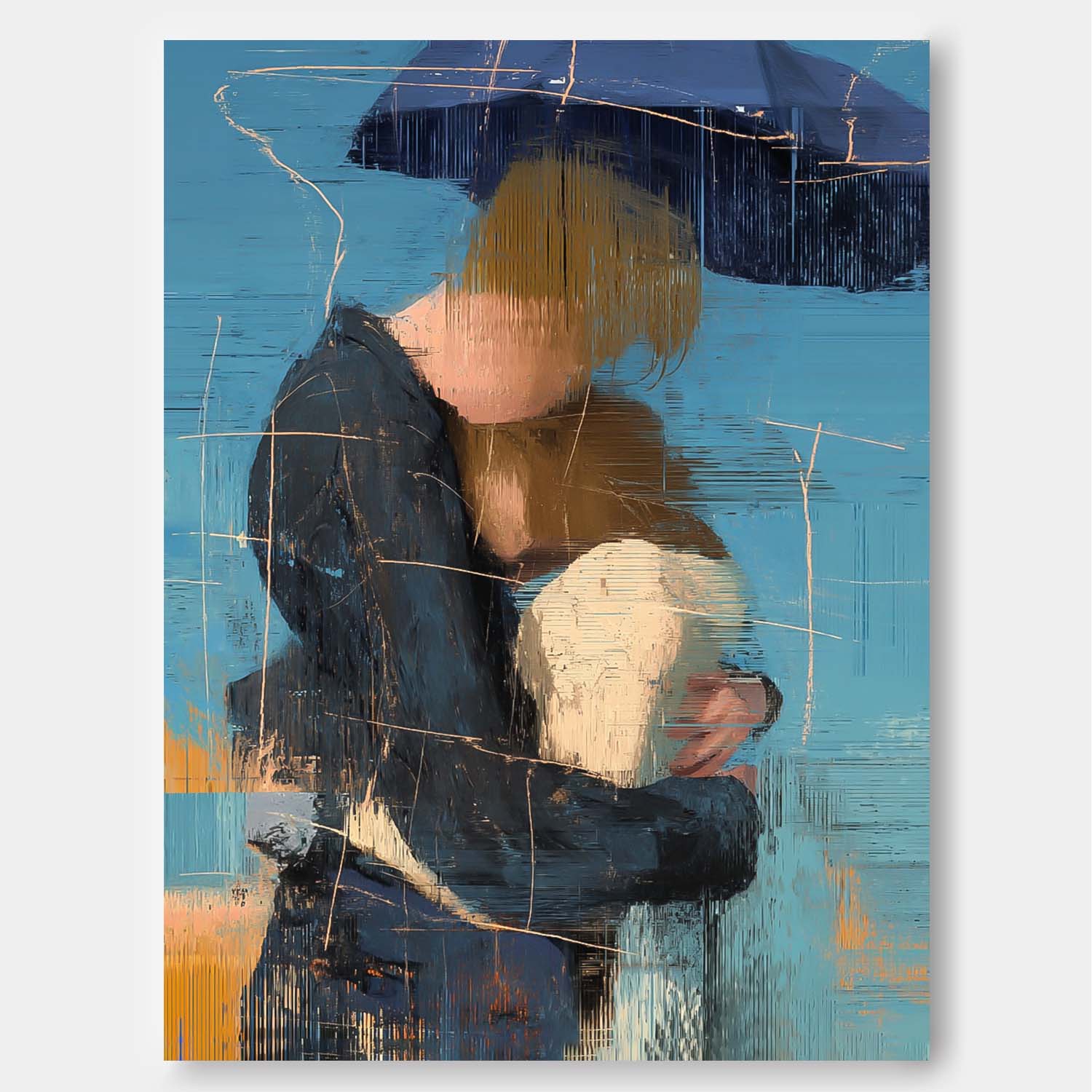 Couple Embracing In Rainy Day Abstract Oil Painting Blue Toned Wall Art Original Handpainted Canvas Art