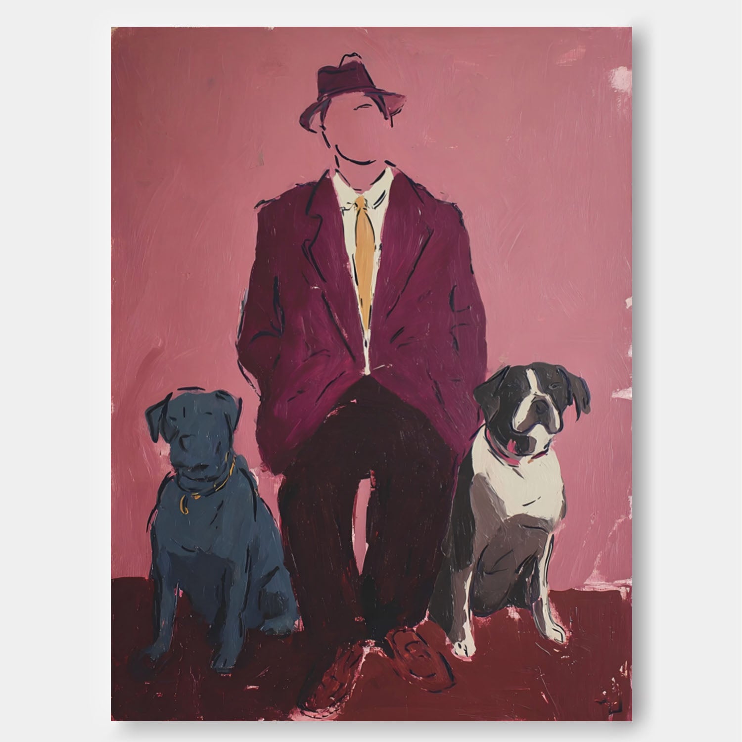 Retro-Inspired Portrait Of Sophisticated Gentleman & Two Dogs Painting Bold Color Pop Art Handcrafted Wall Art