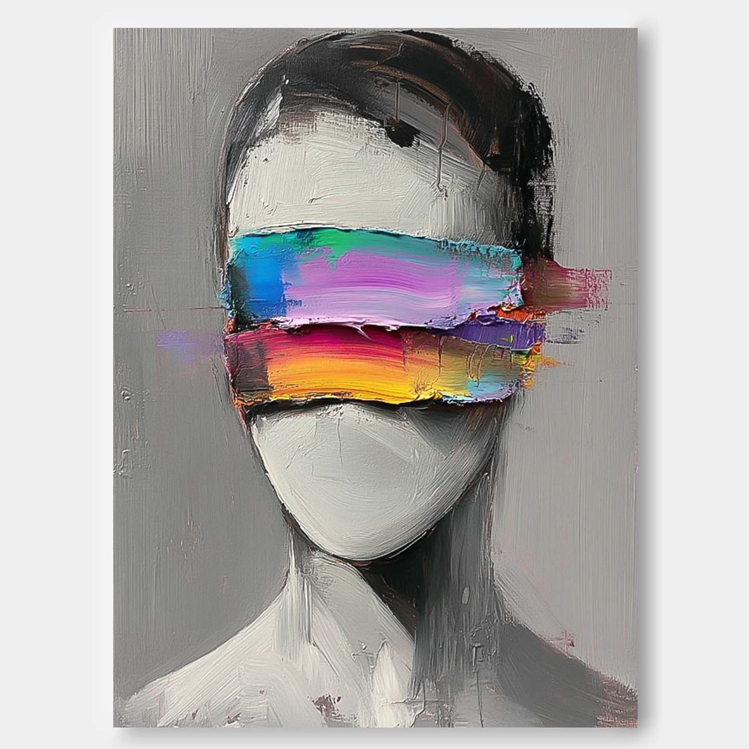 Large Grey Acrylic Painting Framed Original Faceless Portrait Contemporary Wall Art Abstract Artwork