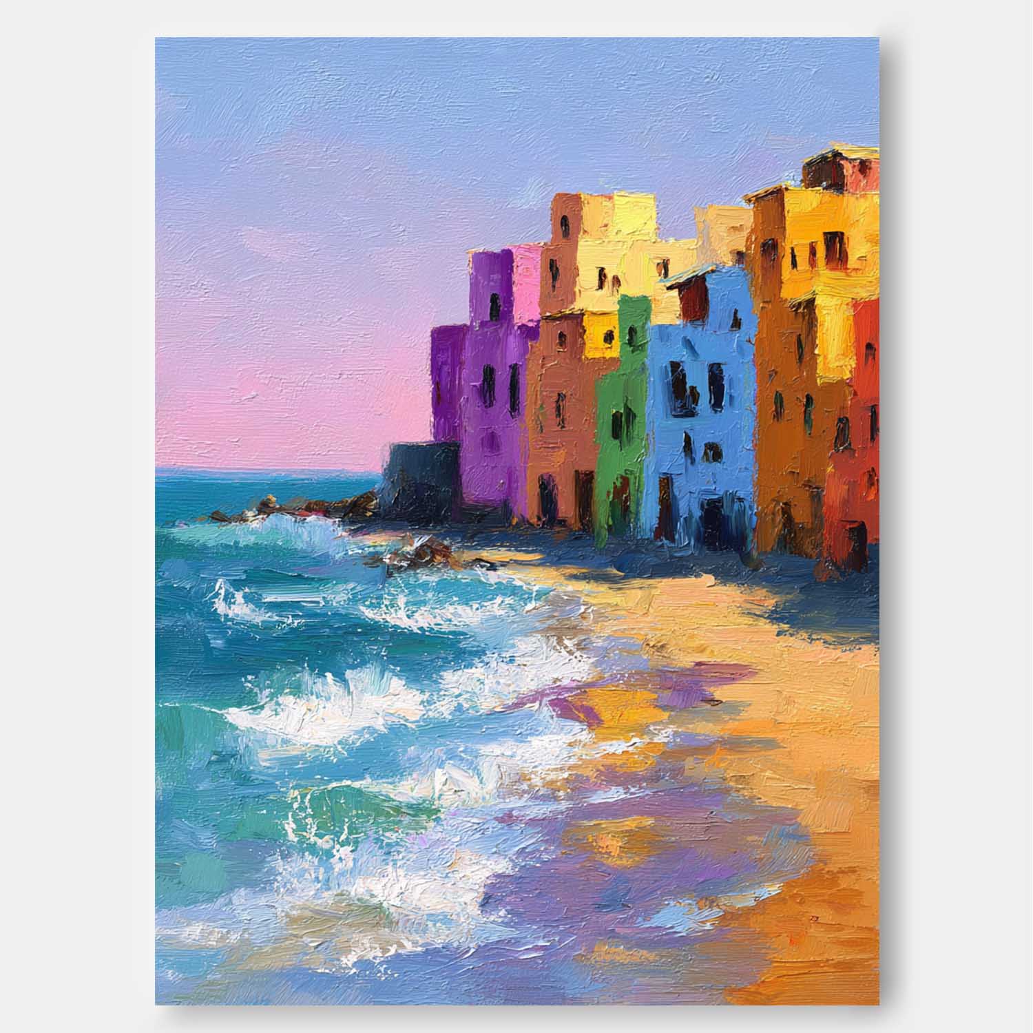 Coastal Wall Art Original Abstract Colorful Seaside Houses Painting Modern Texture Artwork Home Decor