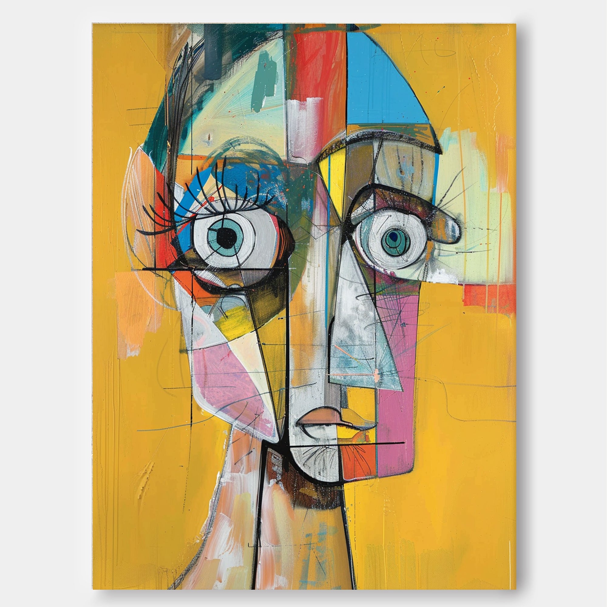 Original Bold Yellow Artwork Modern Facial Wall Art Expressive Abstract Faces Painting Home Decor
